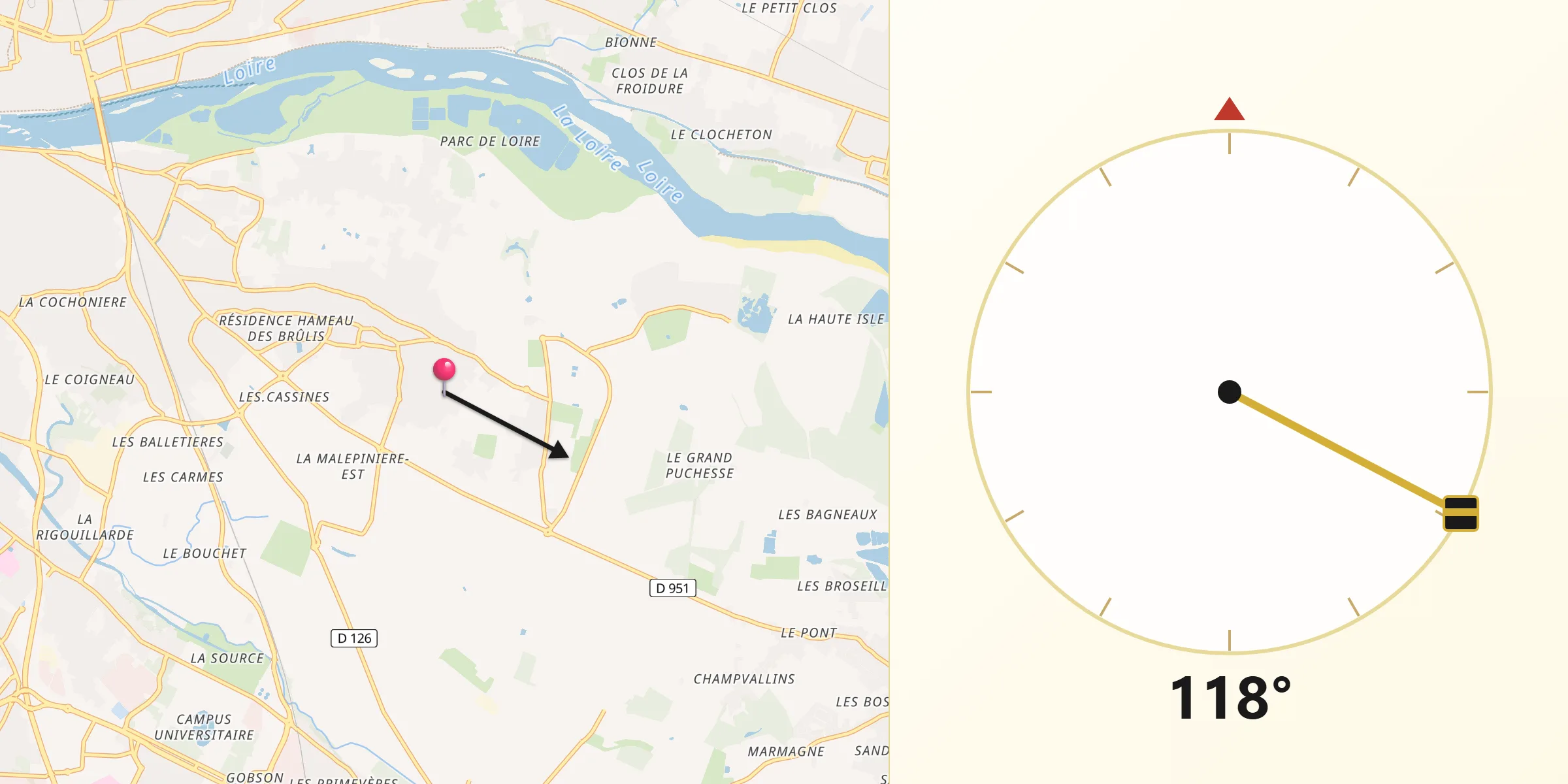 Direction vers la Qibla depuis Saint-Denis-en-Val