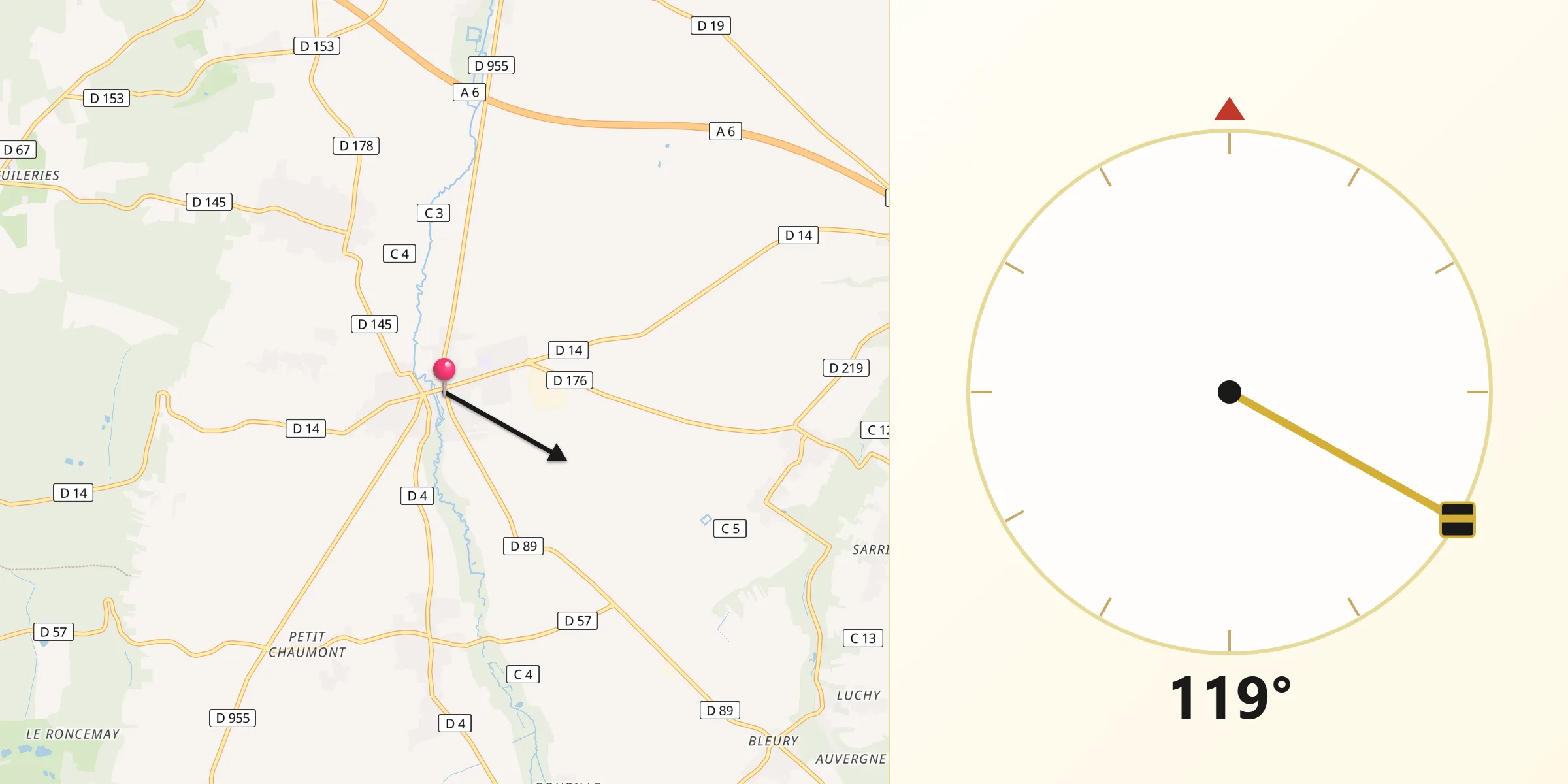 Direction vers la Qibla depuis Aillant-sur-Tholon