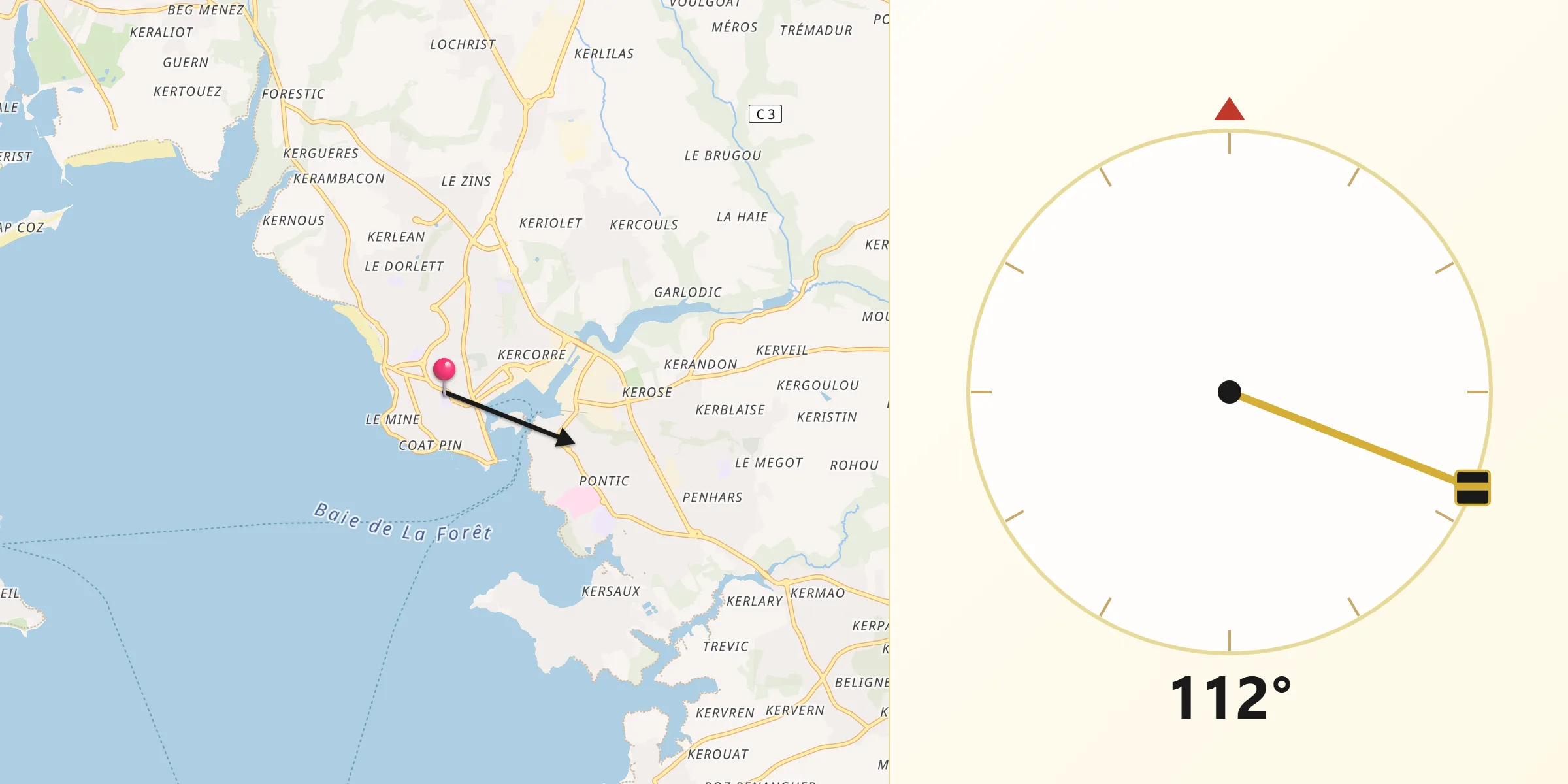Direction vers la Qibla depuis Concarneau
