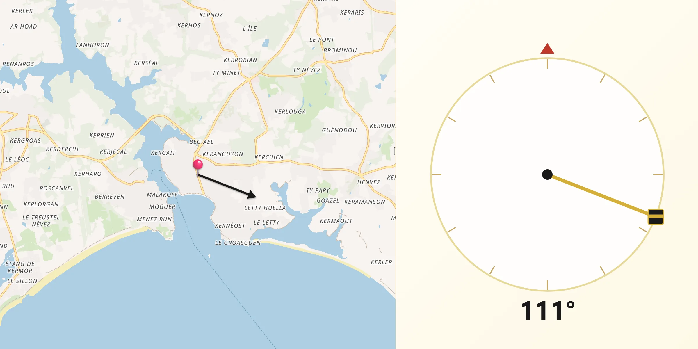 Direction vers la Qibla depuis Bénodet