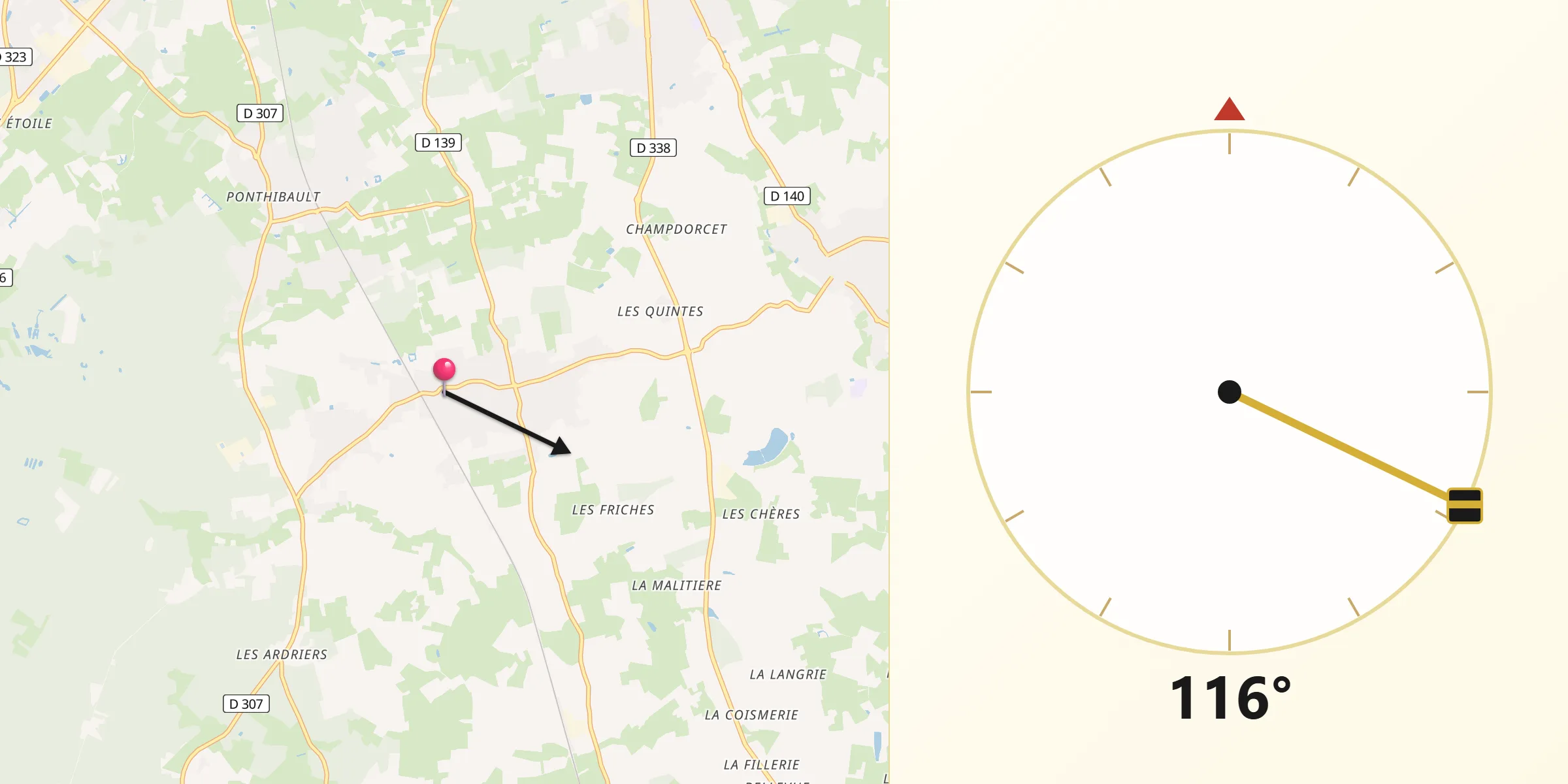 Direction vers la Qibla depuis Saint-Gervais-en-Belin