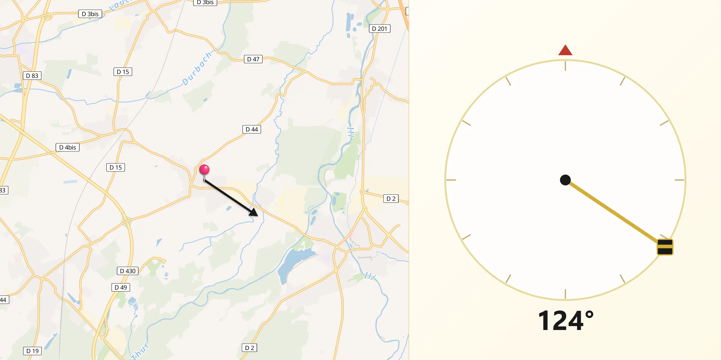 Direction vers la Qibla depuis Ungersheim