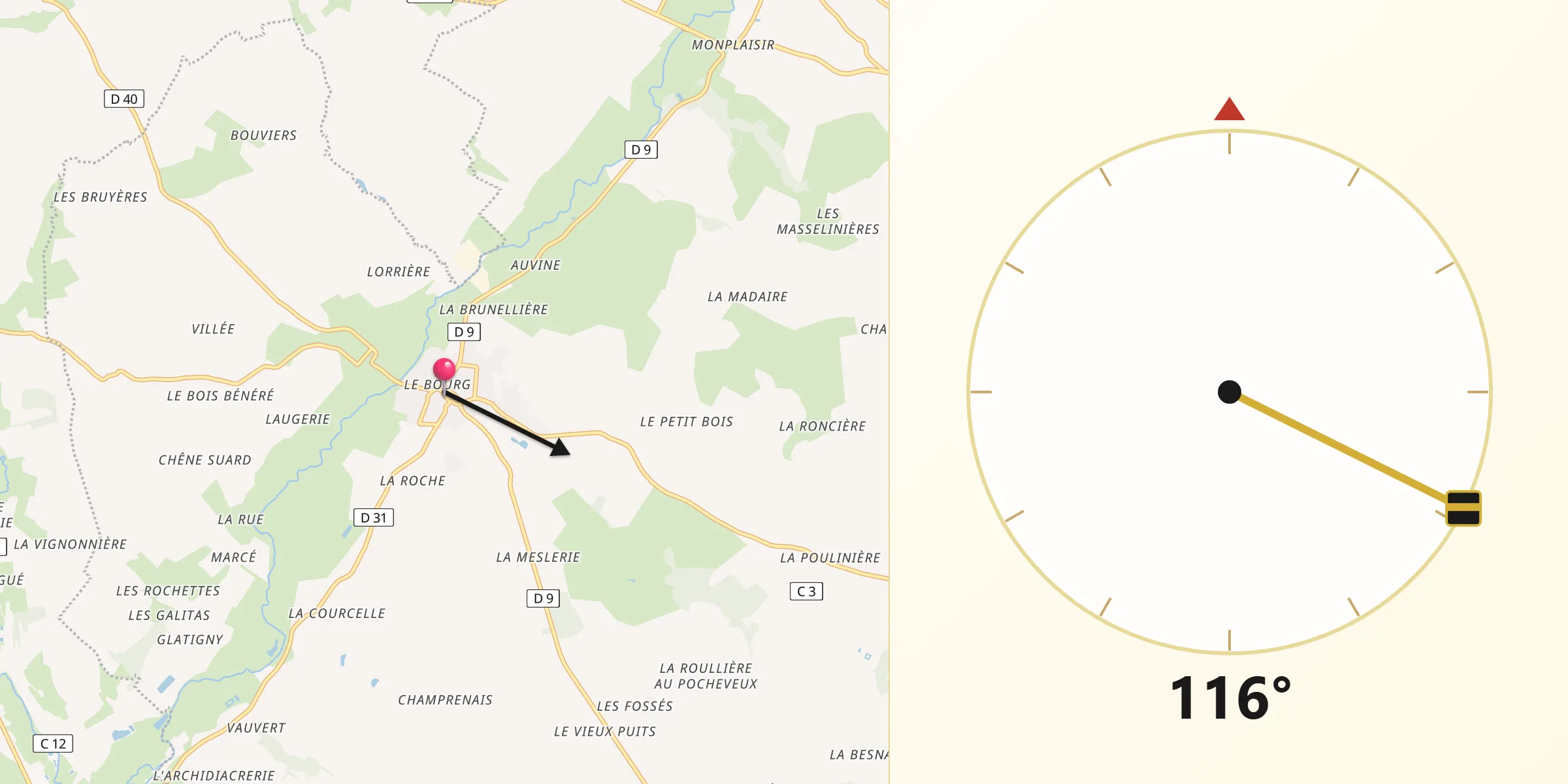 Direction vers la Qibla depuis Savigny-sur-Braye