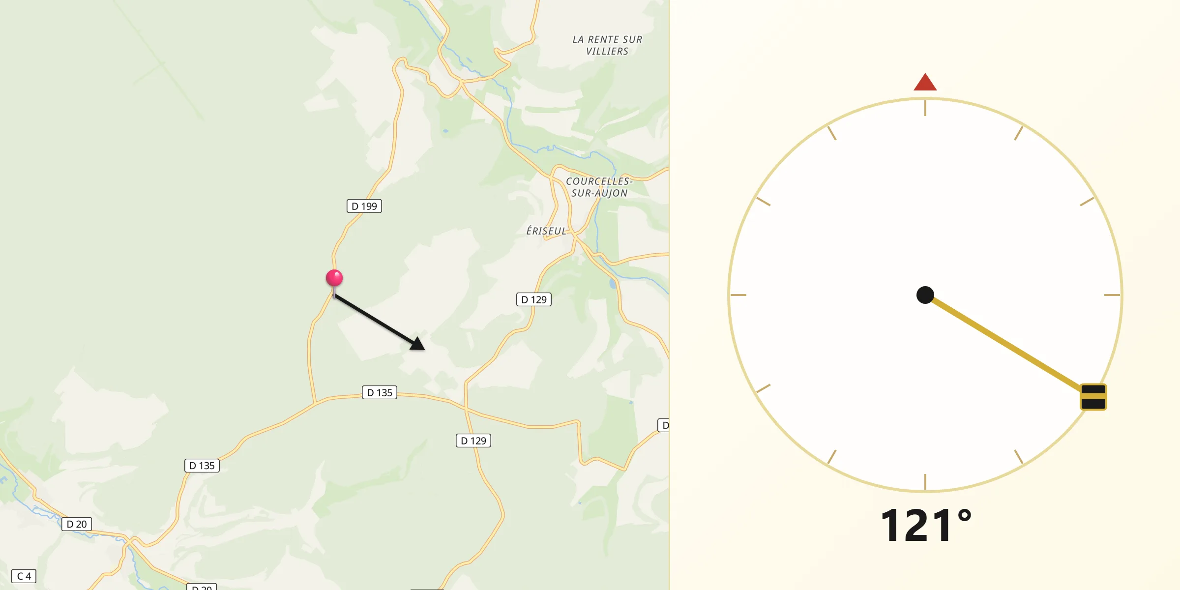 Direction vers la Qibla depuis Saint-Loup-sur-Aujon