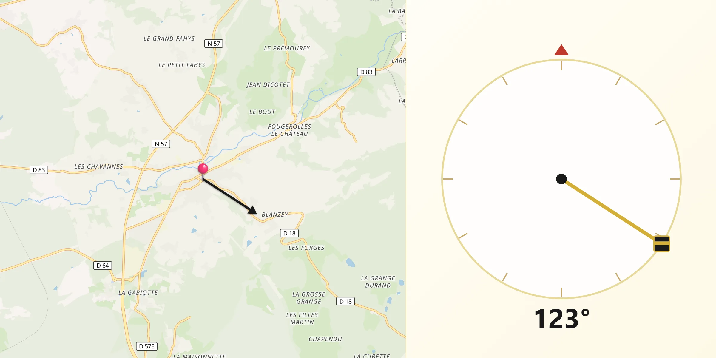 Direction vers la Qibla depuis Fougerolles