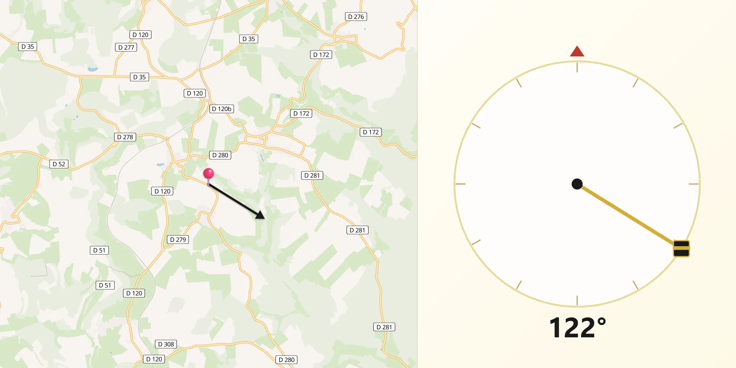 Direction vers la Qibla depuis Marcilly-en-Bassigny