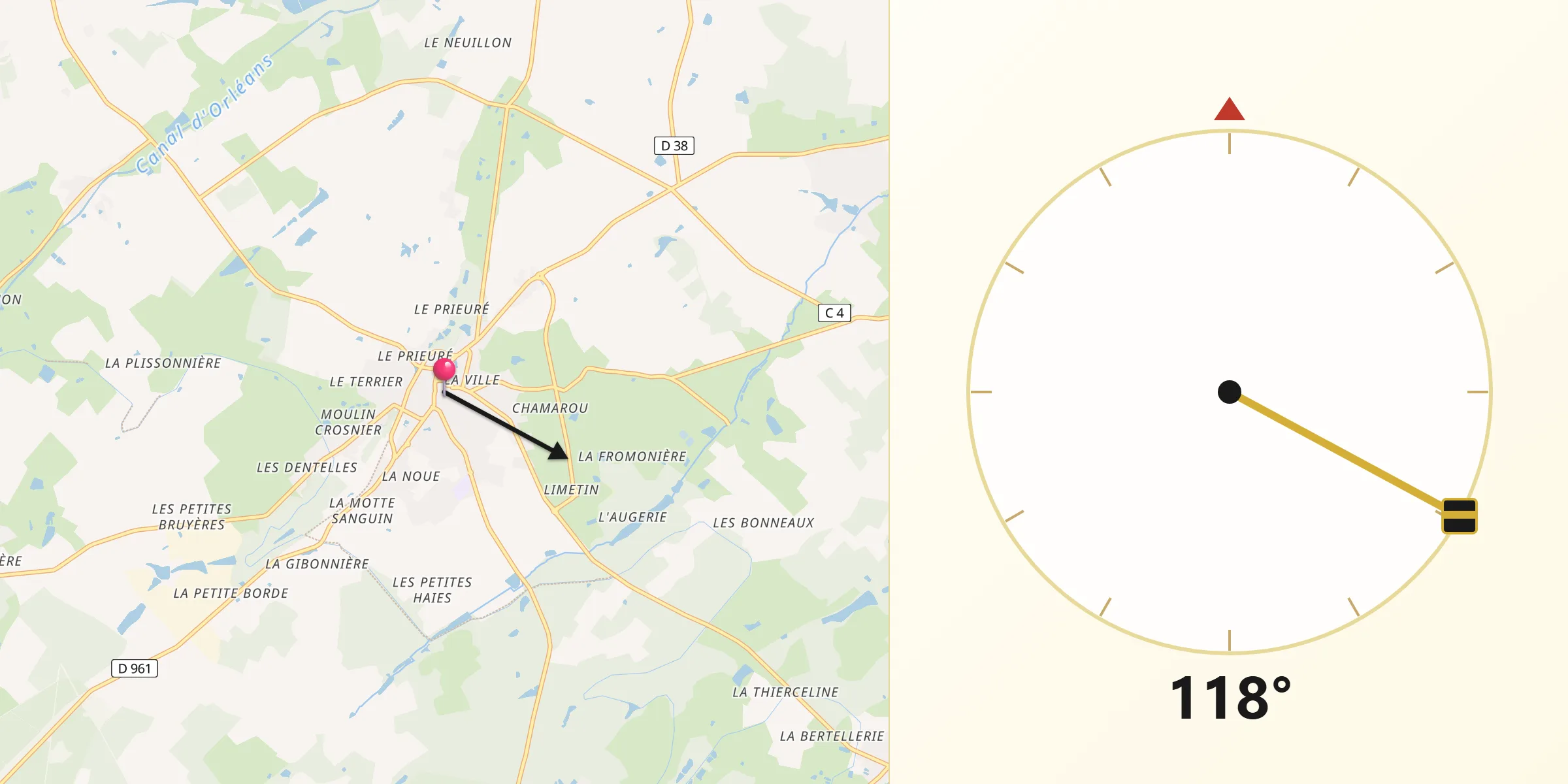 Direction vers la Qibla depuis Lorris
