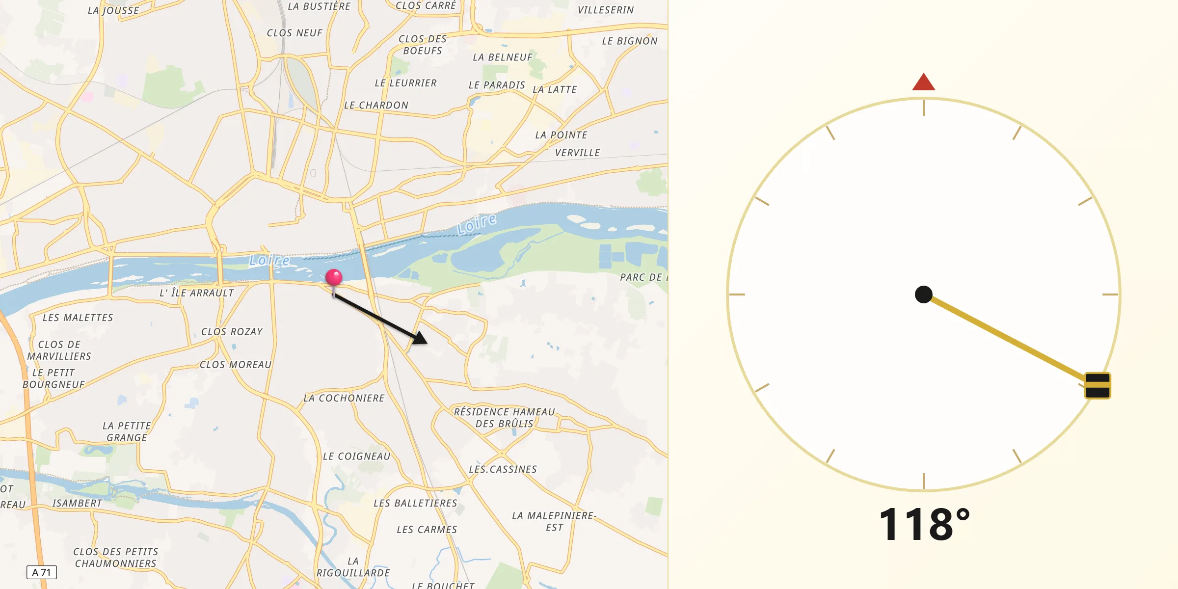 Direction vers la Qibla depuis Saint-Jean-le-Blanc