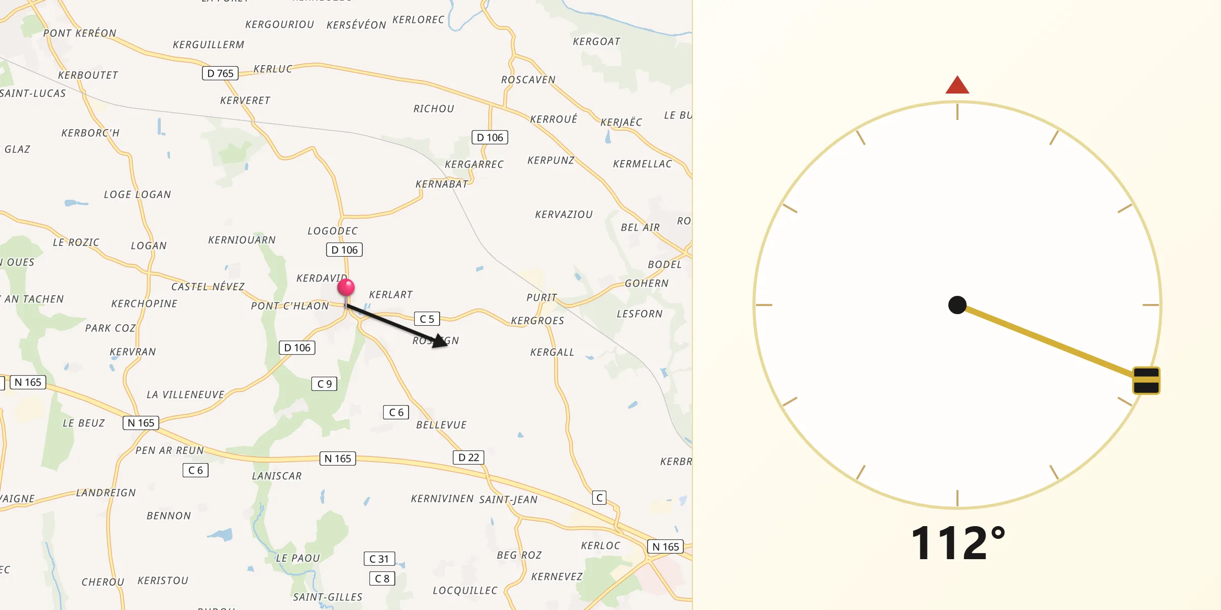 Direction vers la Qibla depuis Le Trévoux