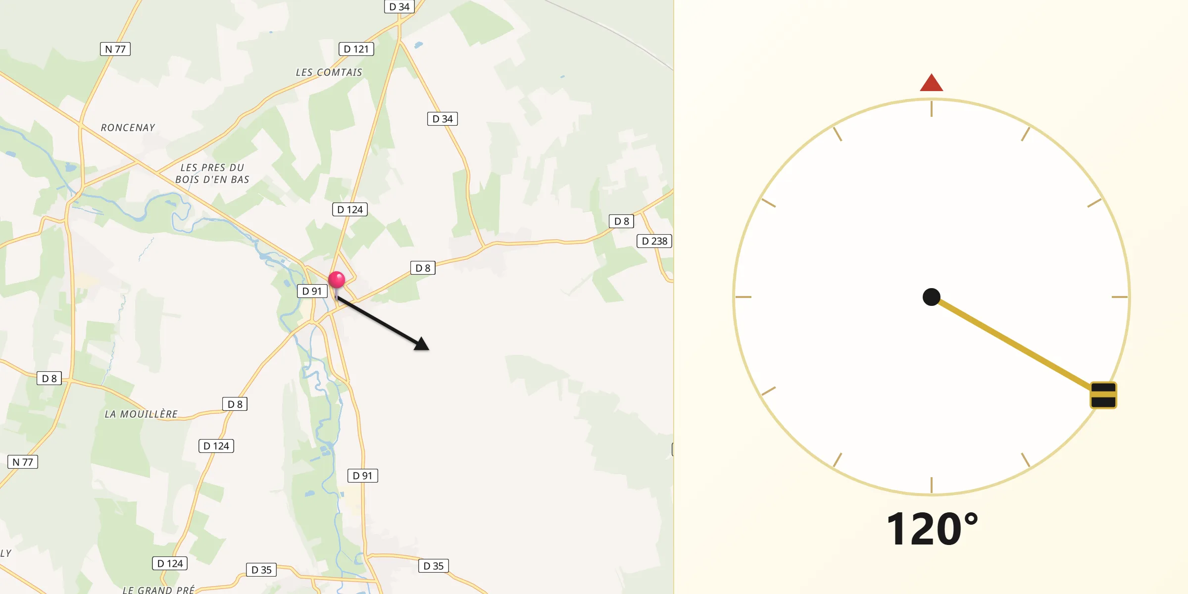 Direction vers la Qibla depuis Ligny-le-Châtel