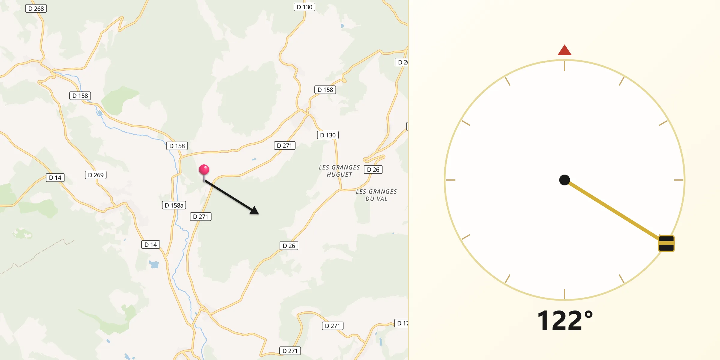 Direction vers la Qibla depuis Coiffy-le-Haut