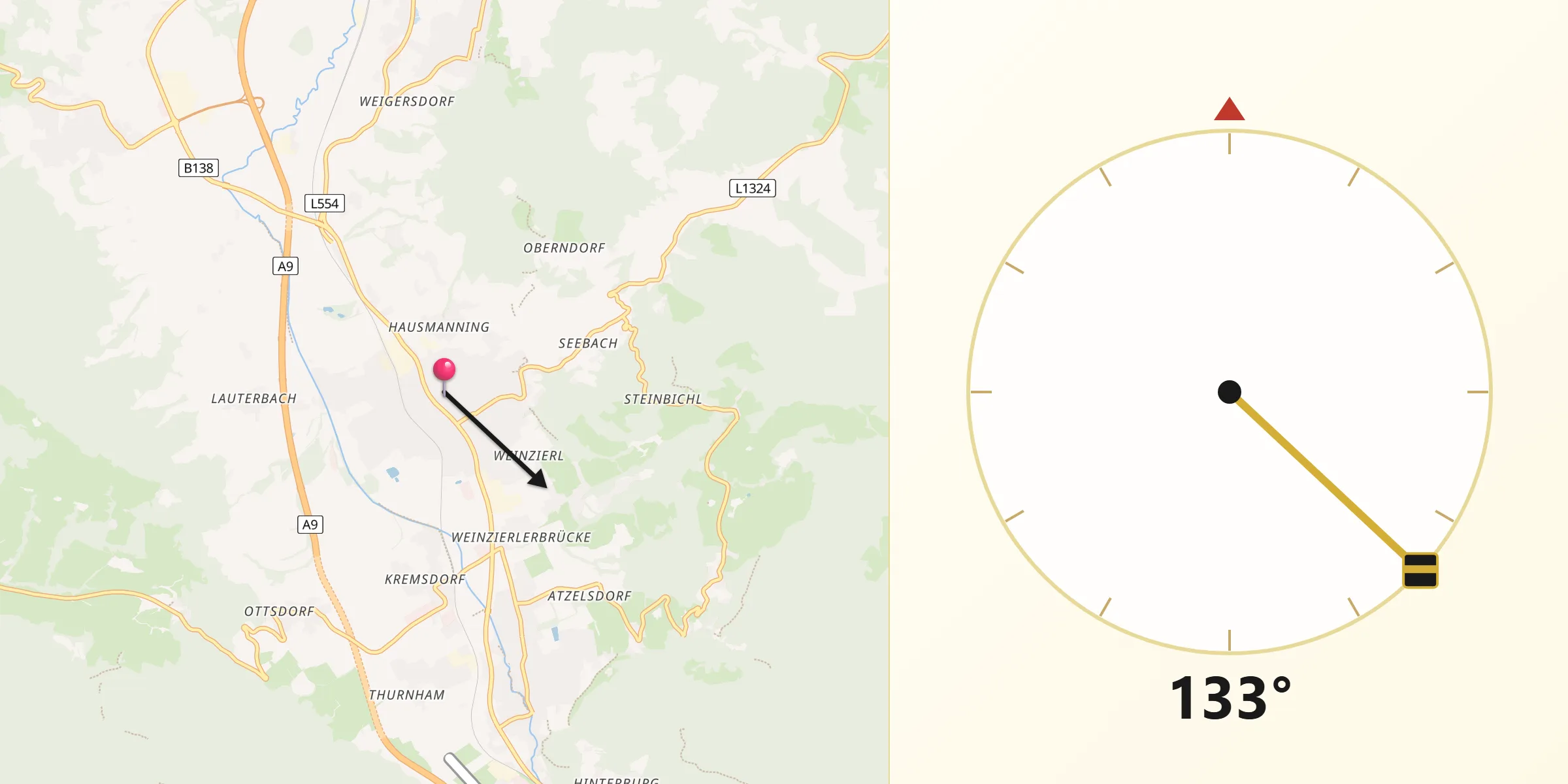 Qibla-Richtung von Kirchdorf an der Krems