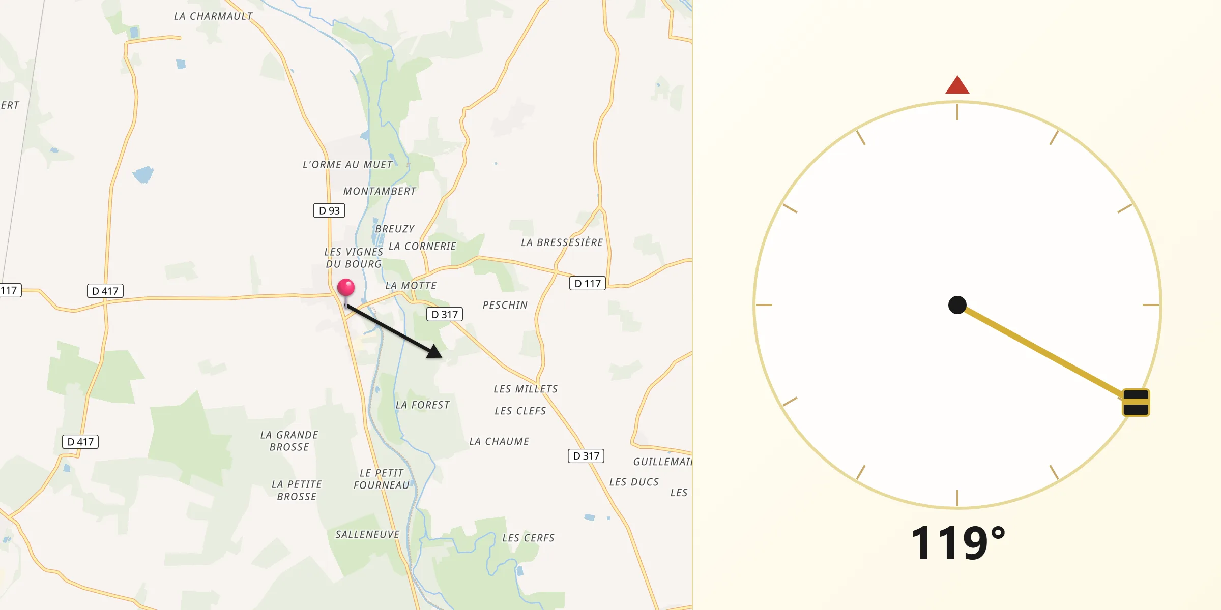 Direction vers la Qibla depuis Montcresson