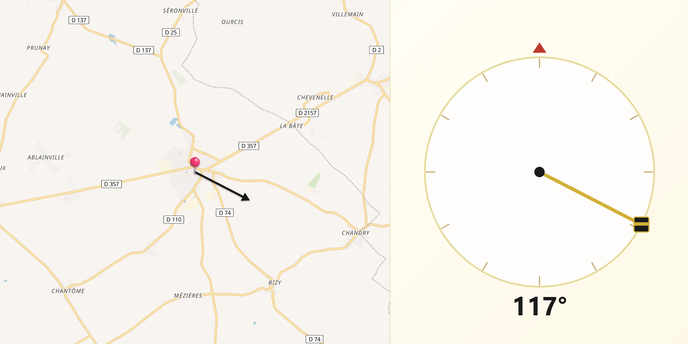Direction vers la Qibla depuis Ouzouer-le-Marché
