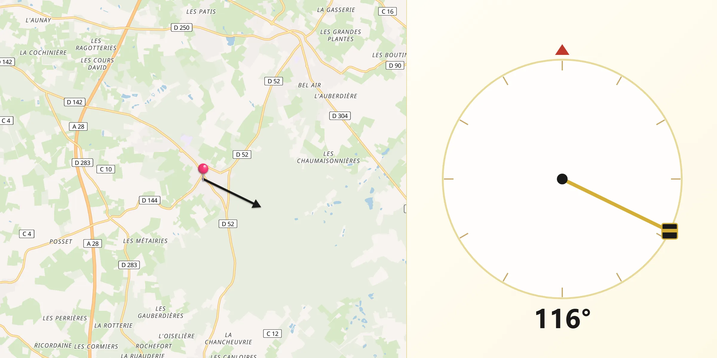 Direction vers la Qibla depuis Brette-les-Pins