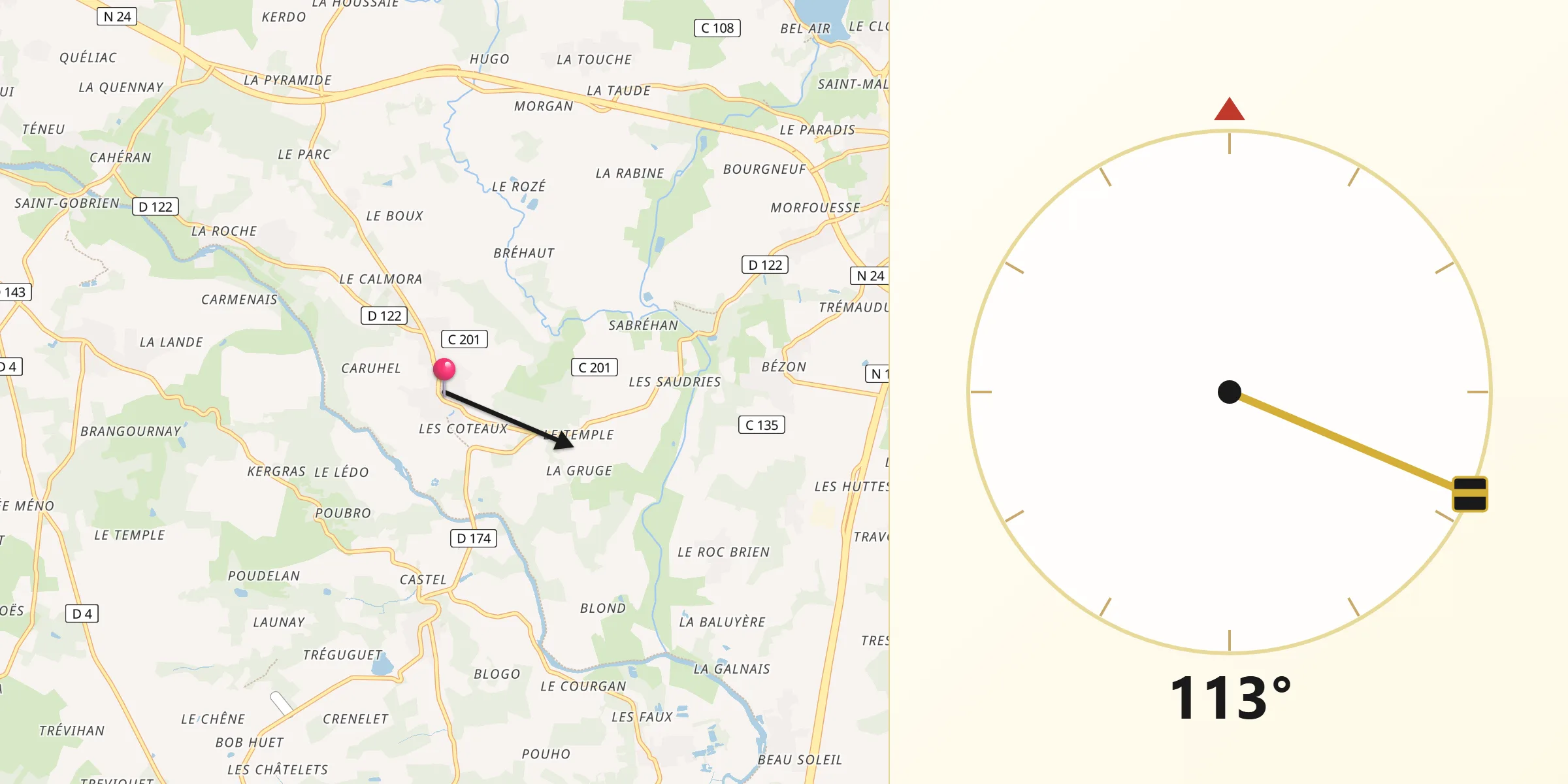 Direction vers la Qibla depuis Guillac