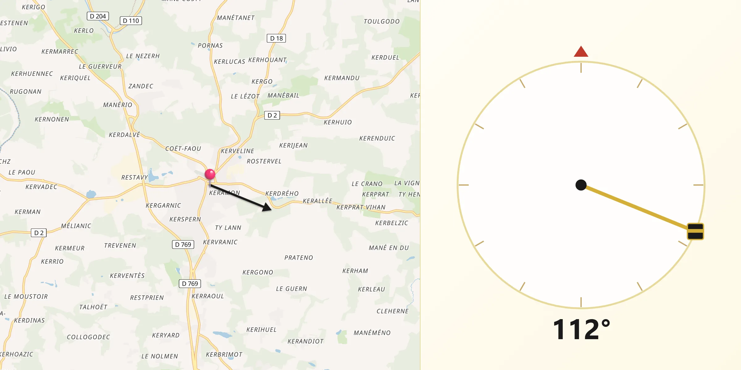 Direction vers la Qibla depuis Plouay