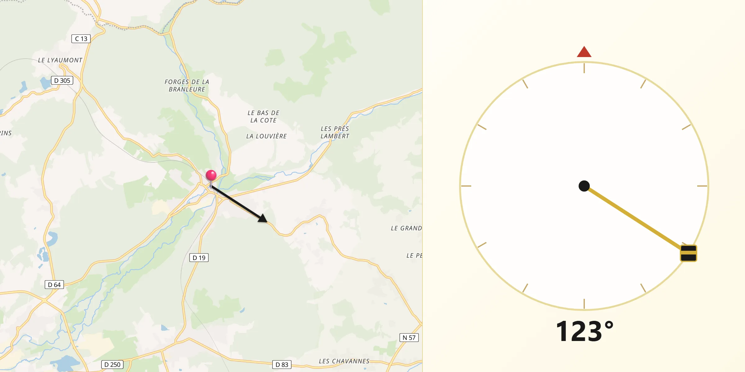 Direction vers la Qibla depuis Aillevillers-et-Lyaumont