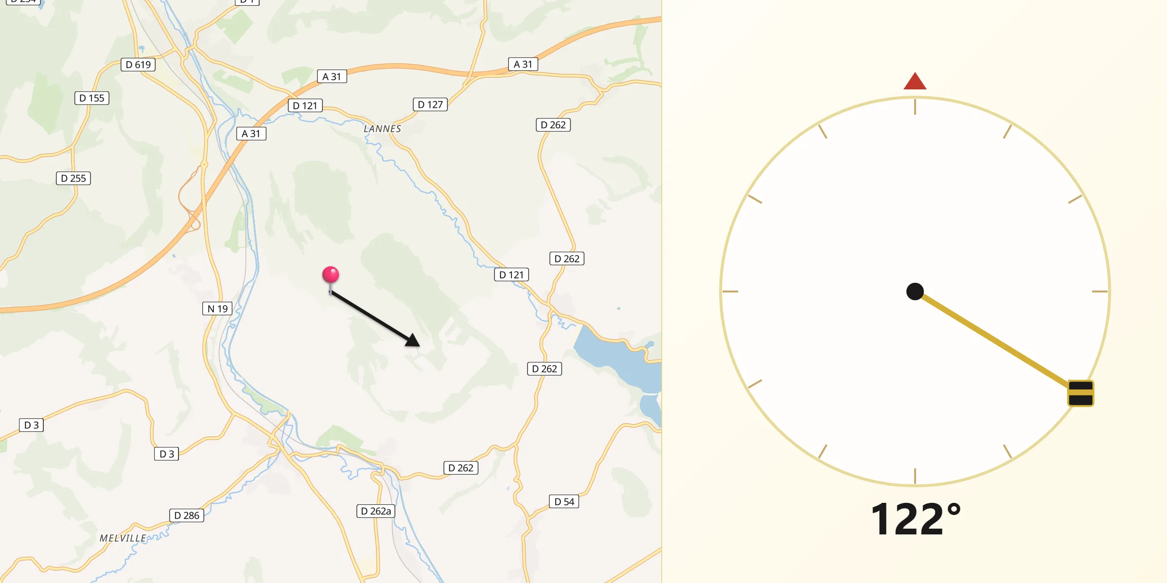 Direction vers la Qibla depuis Charmes