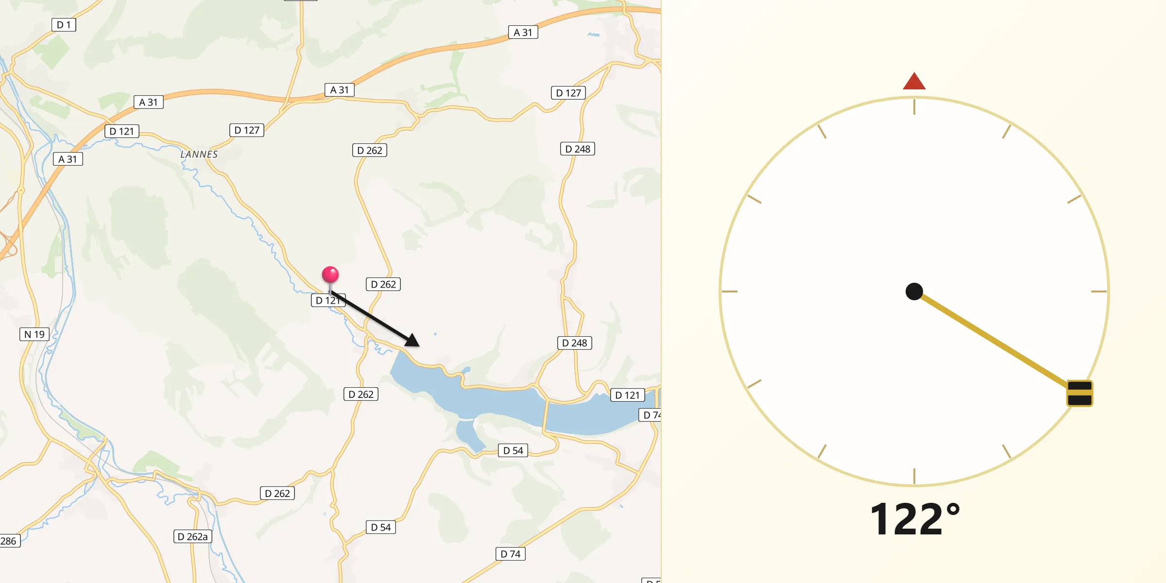 Direction vers la Qibla depuis Changey