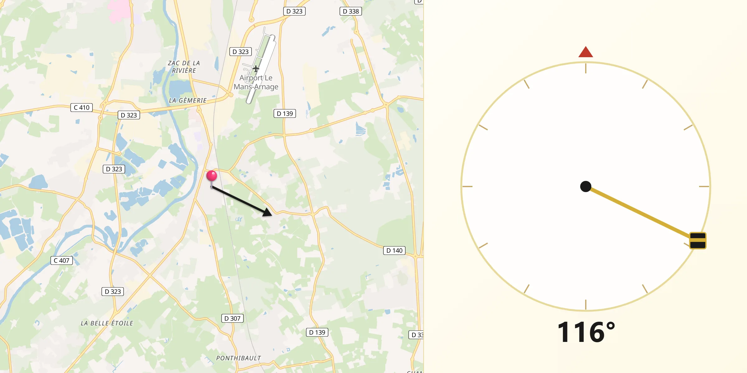 Direction vers la Qibla depuis Arnage