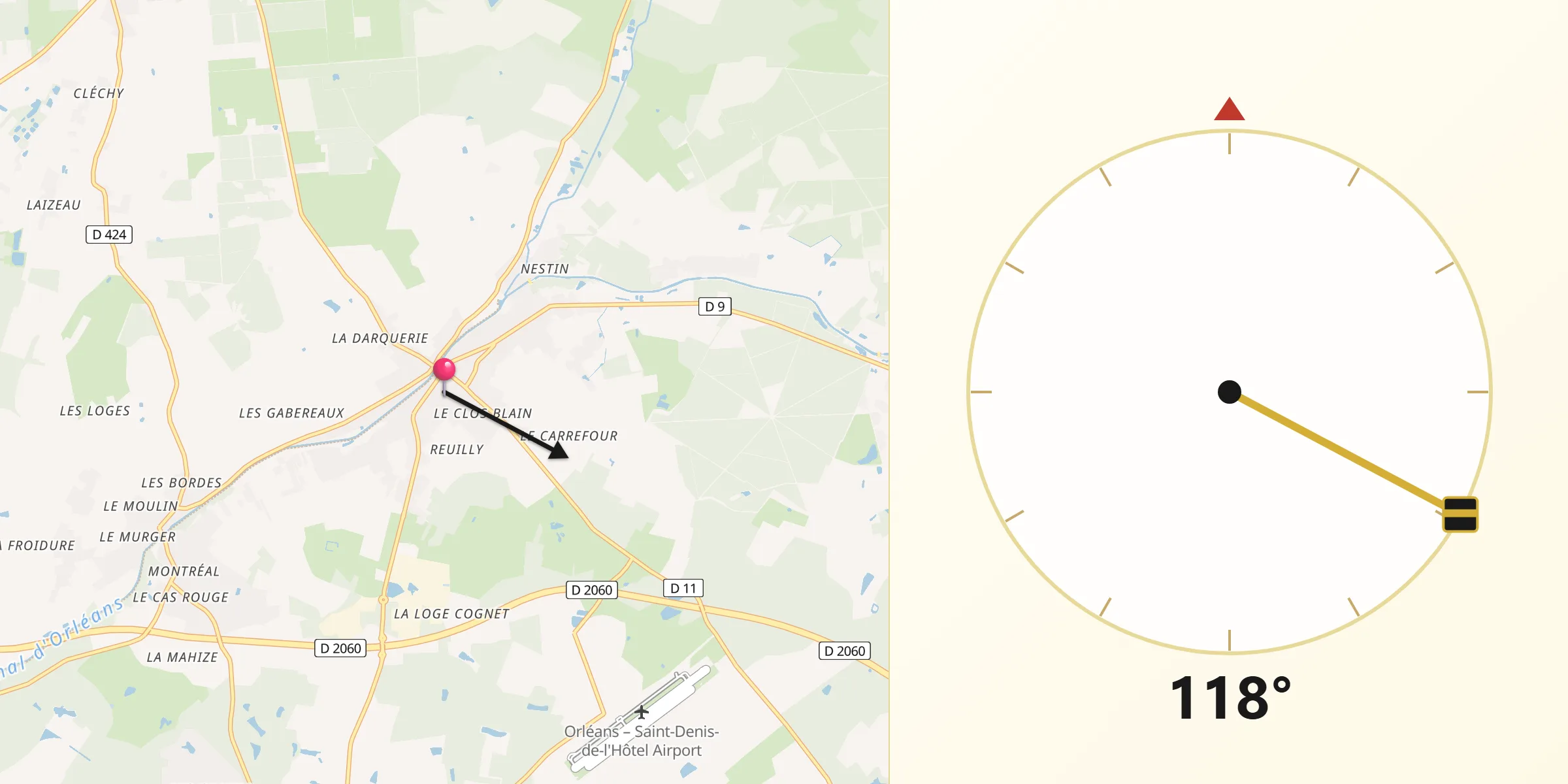 Direction vers la Qibla depuis Fay-aux-Loges