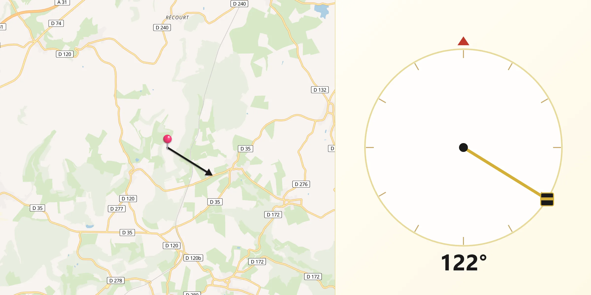 Direction vers la Qibla depuis Andilly-en-Bassigny