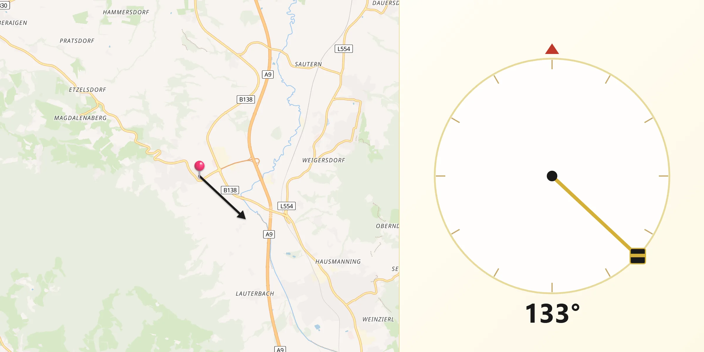 Qibla-Richtung von Inzersdorf im Kremstal
