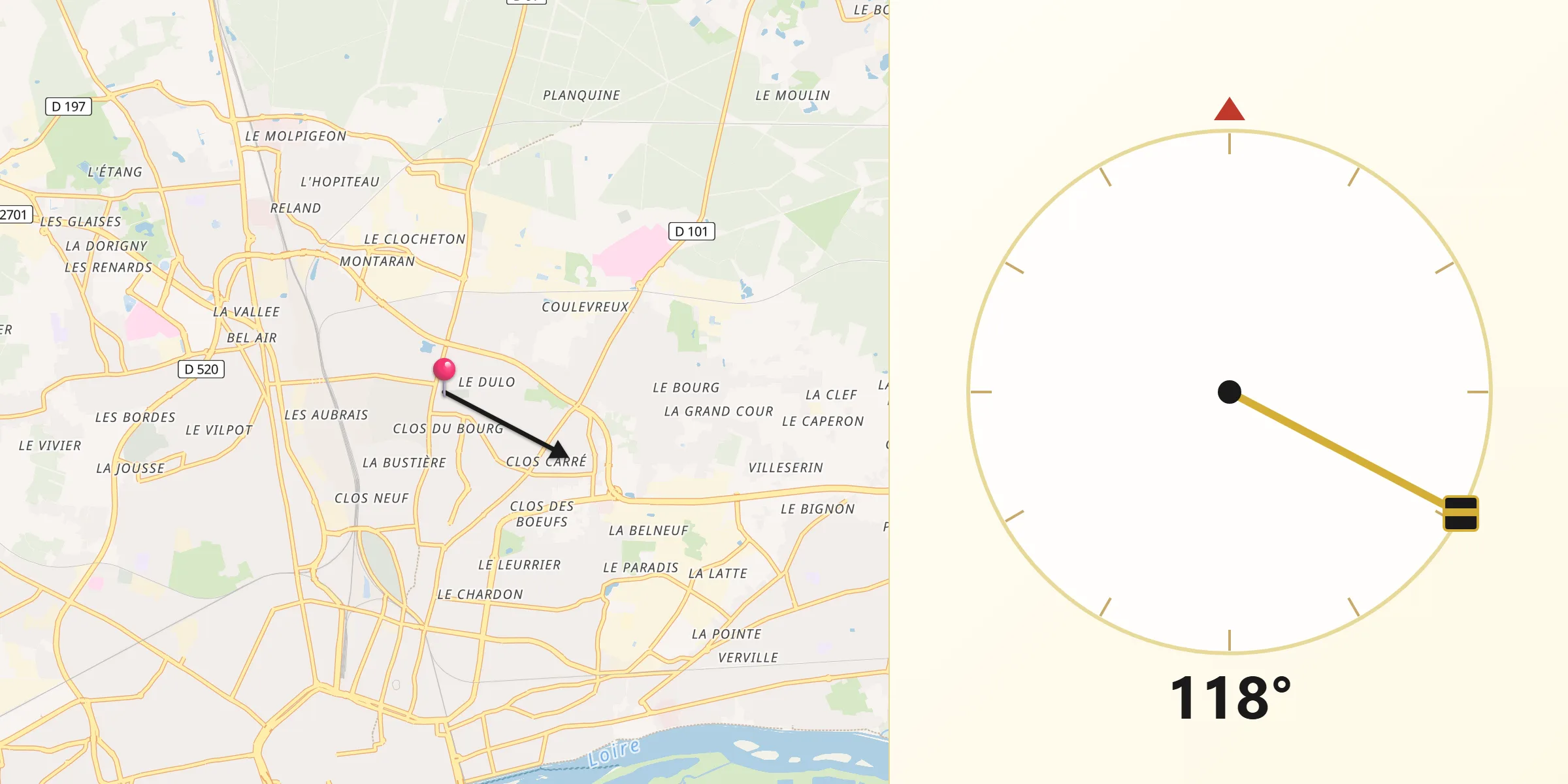 Direction vers la Qibla depuis Fleury-les-Aubrais