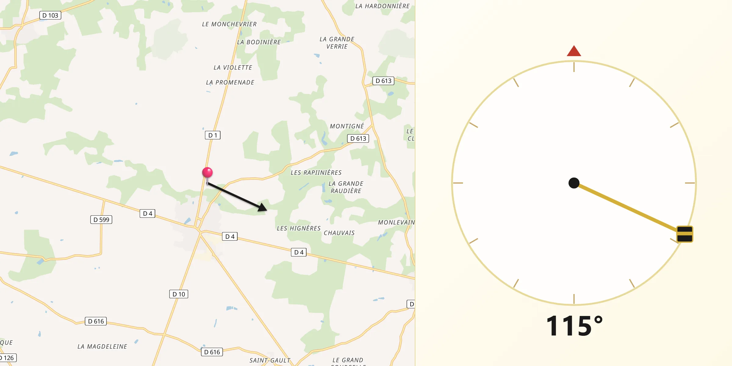 Direction vers la Qibla depuis Quelaines-Saint-Gault