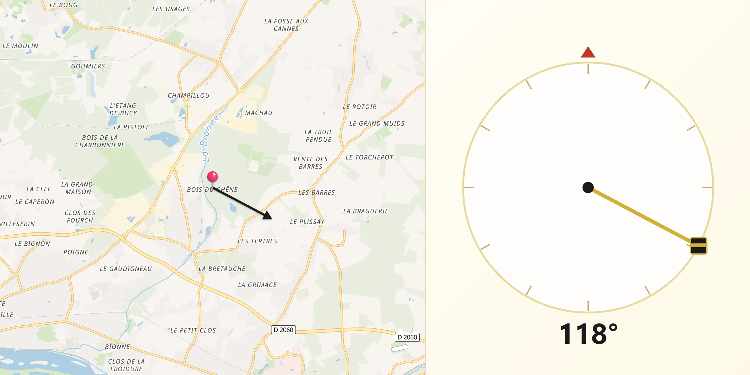 Direction vers la Qibla depuis Boigny-sur-Bionne