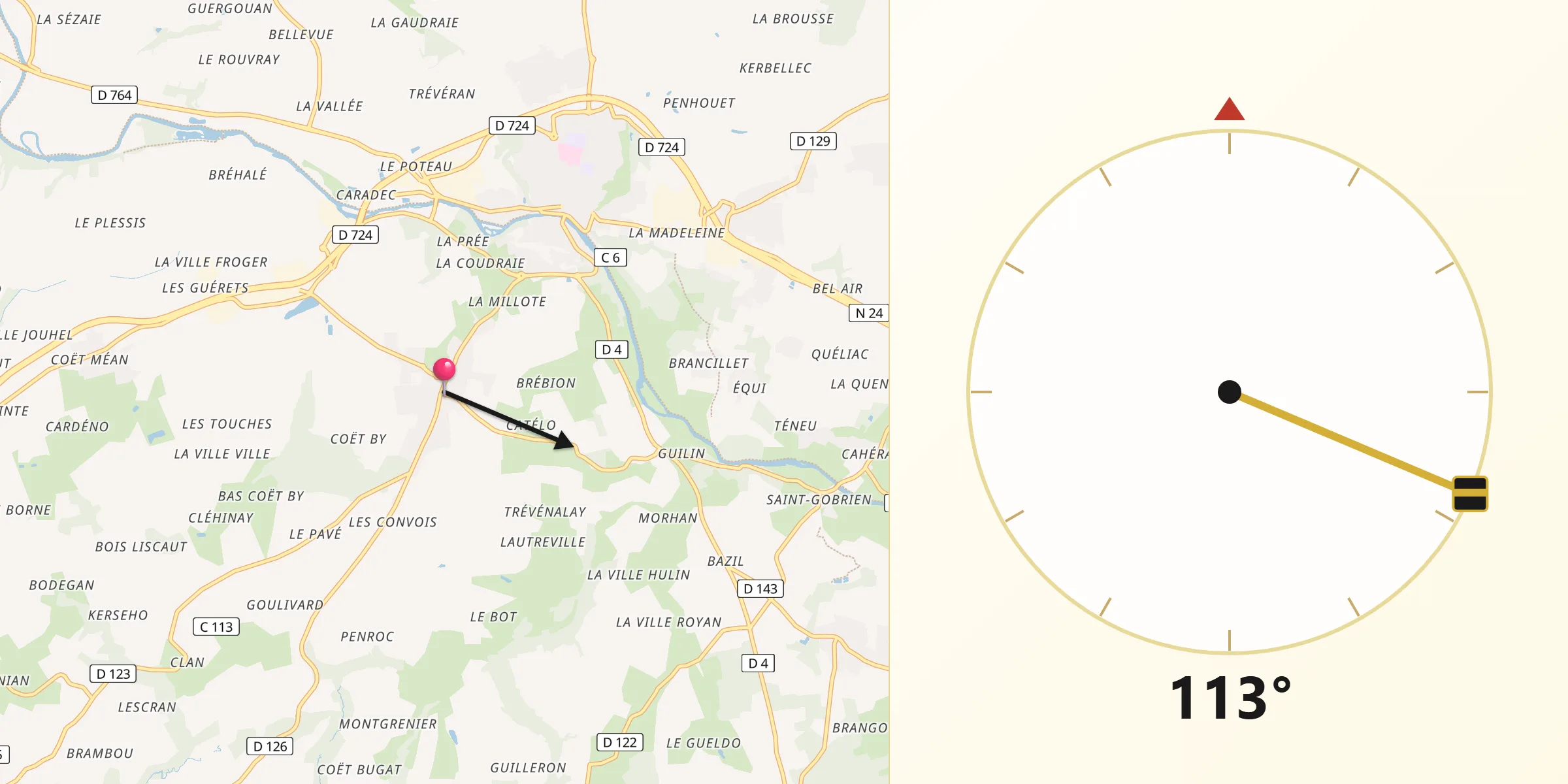 Direction vers la Qibla depuis Guégon