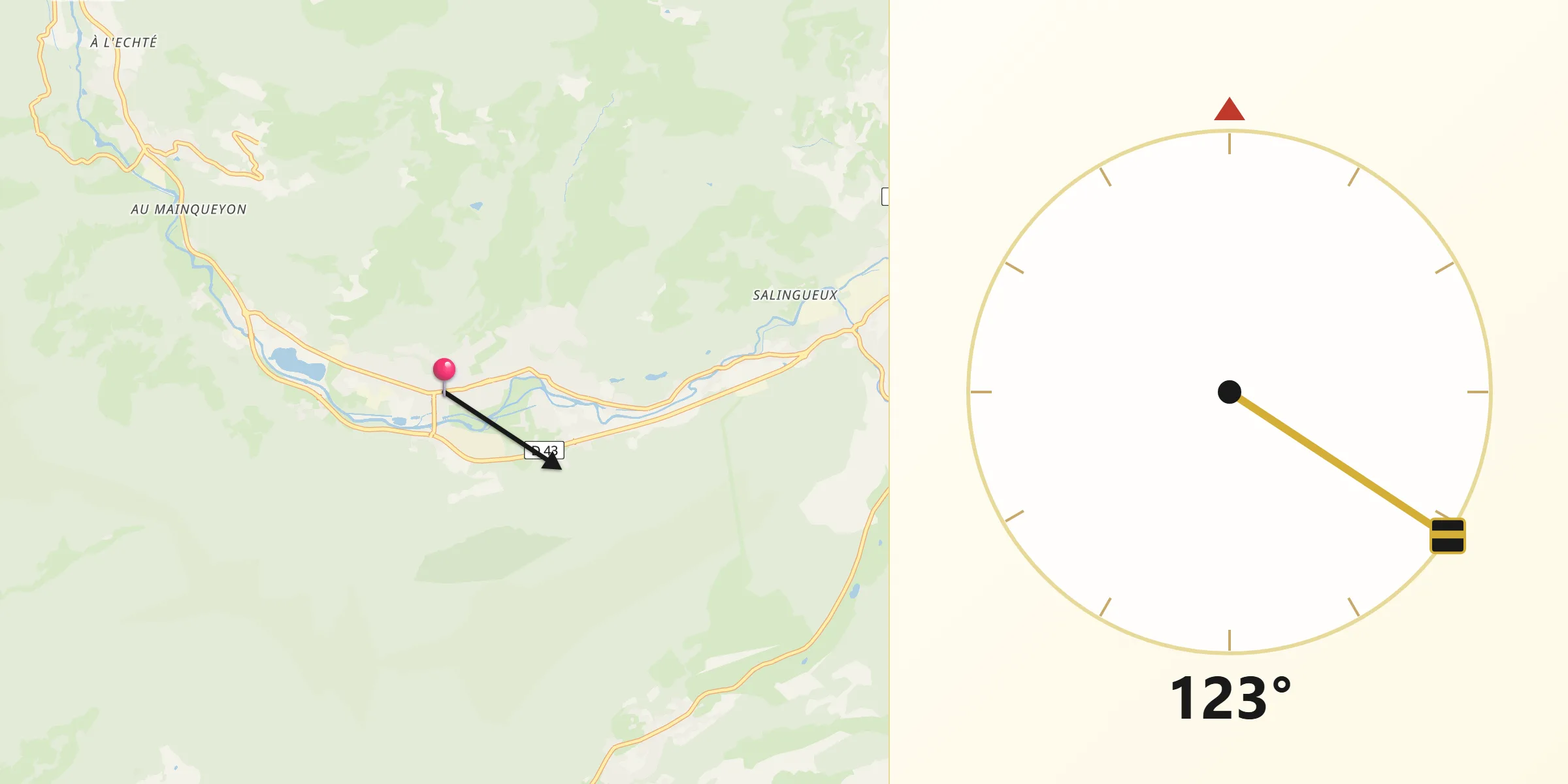Direction vers la Qibla depuis Saulxures-sur-Moselotte