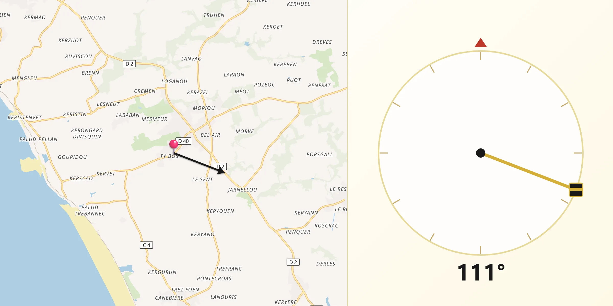 Direction vers la Qibla depuis Pouldreuzic