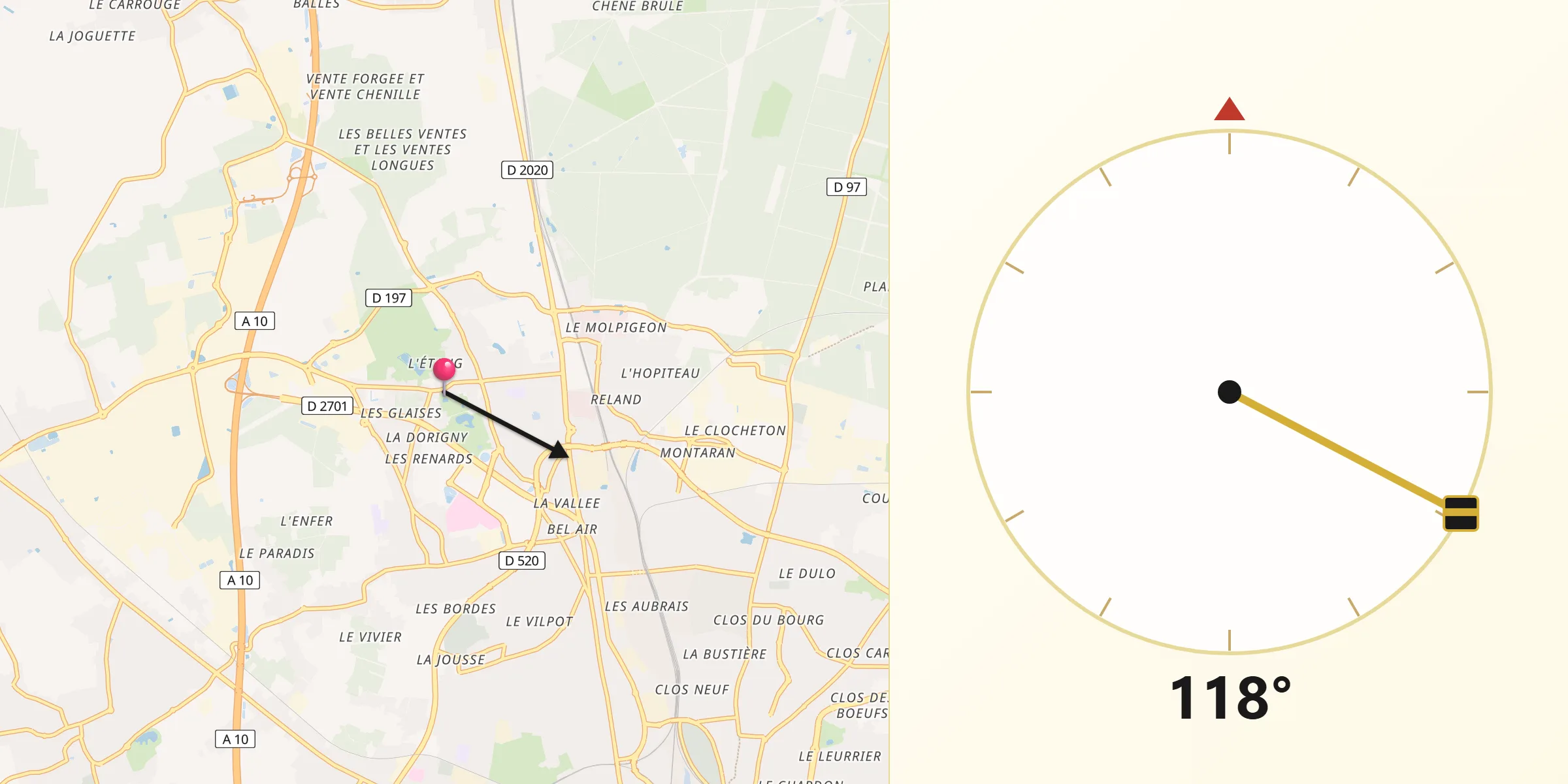 Direction vers la Qibla depuis Saran