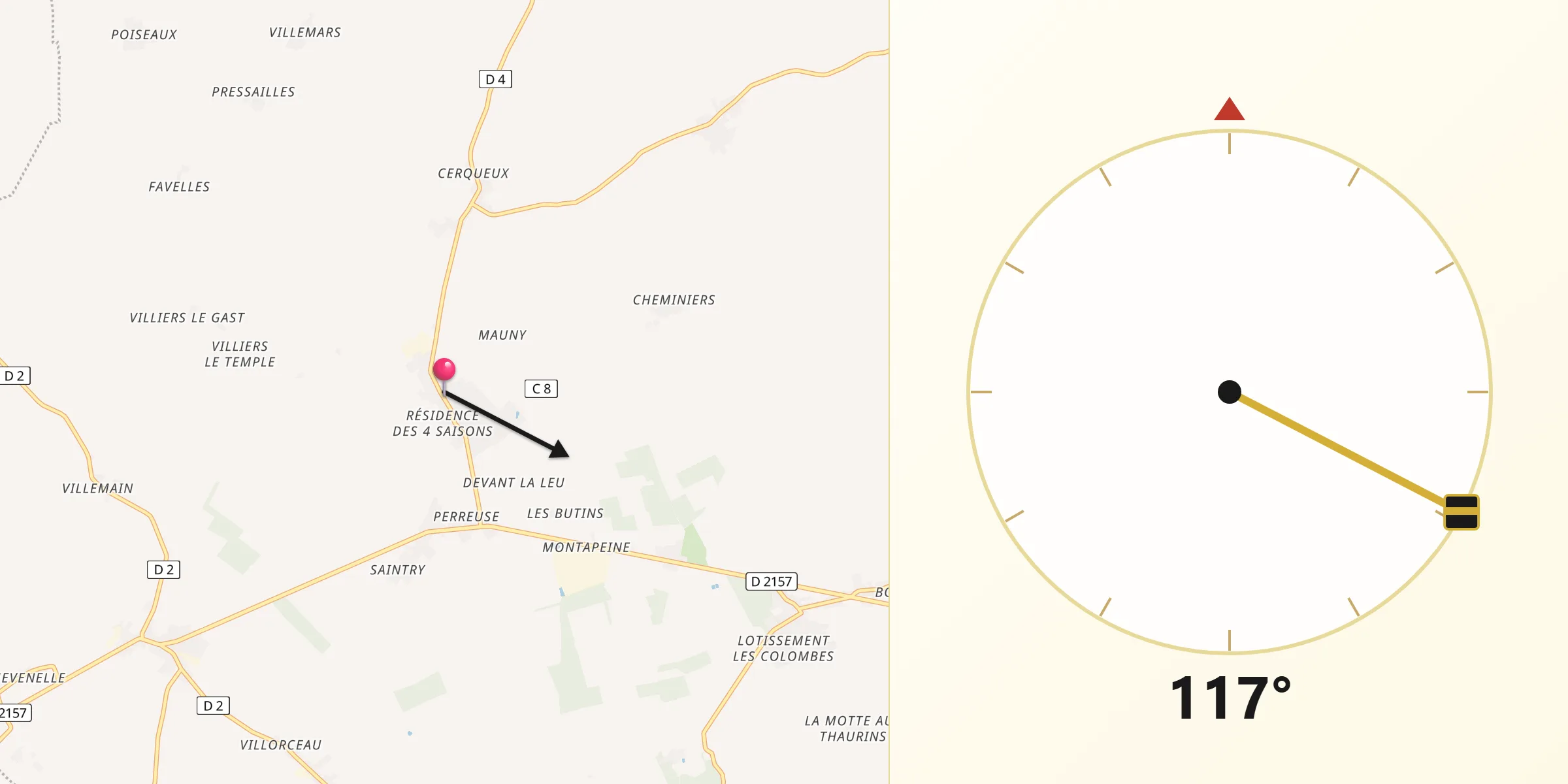 Direction vers la Qibla depuis Épieds-en-Beauce