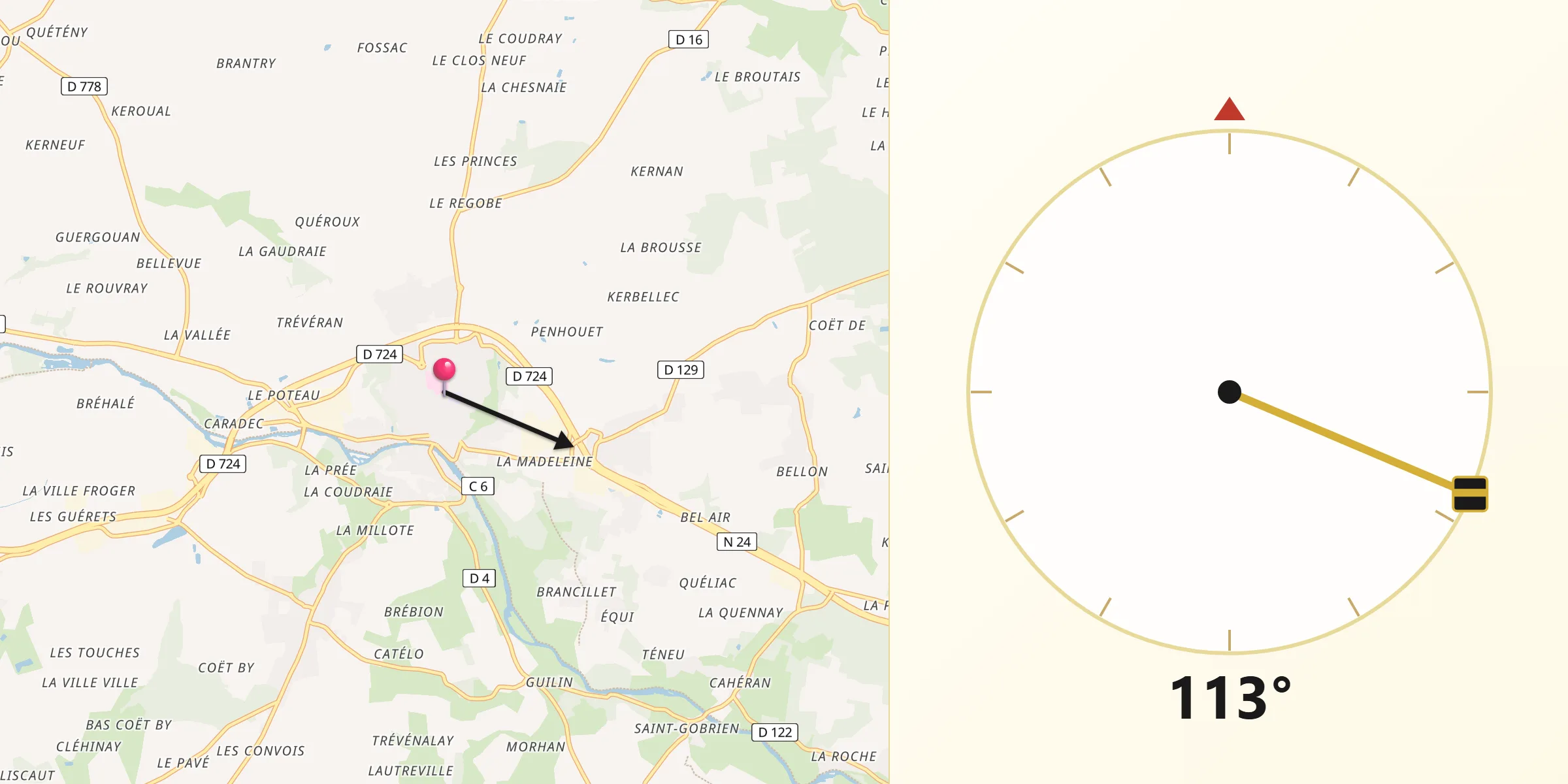 Direction vers la Qibla depuis Josselin