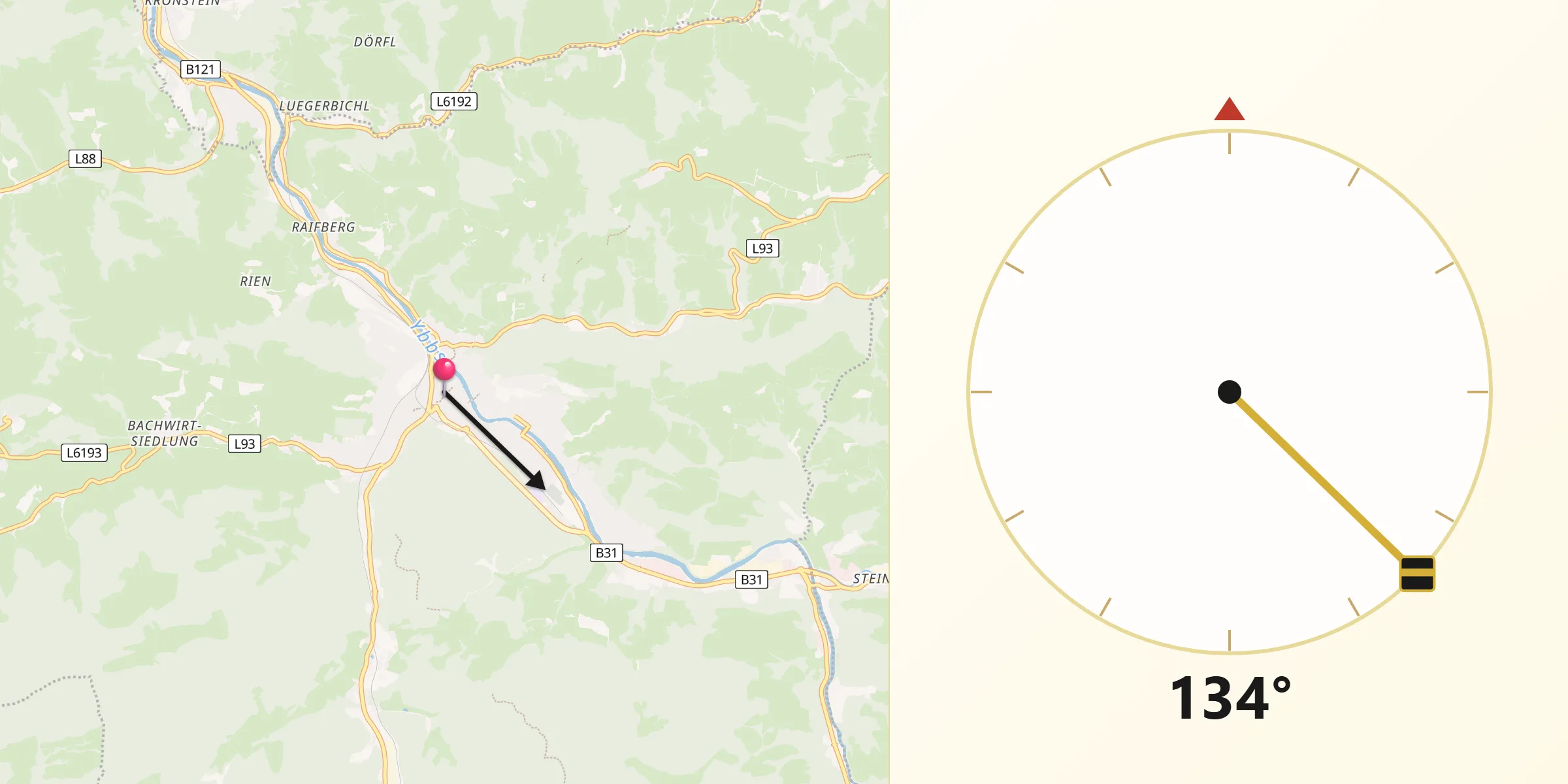 Qibla-Richtung von Waidhofen an der Ybbs Stadt