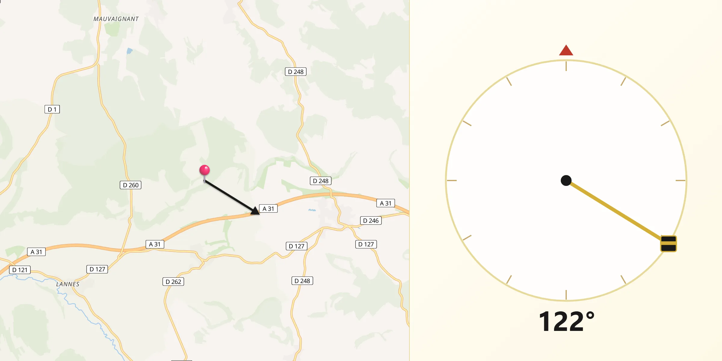 Direction vers la Qibla depuis Dampierre