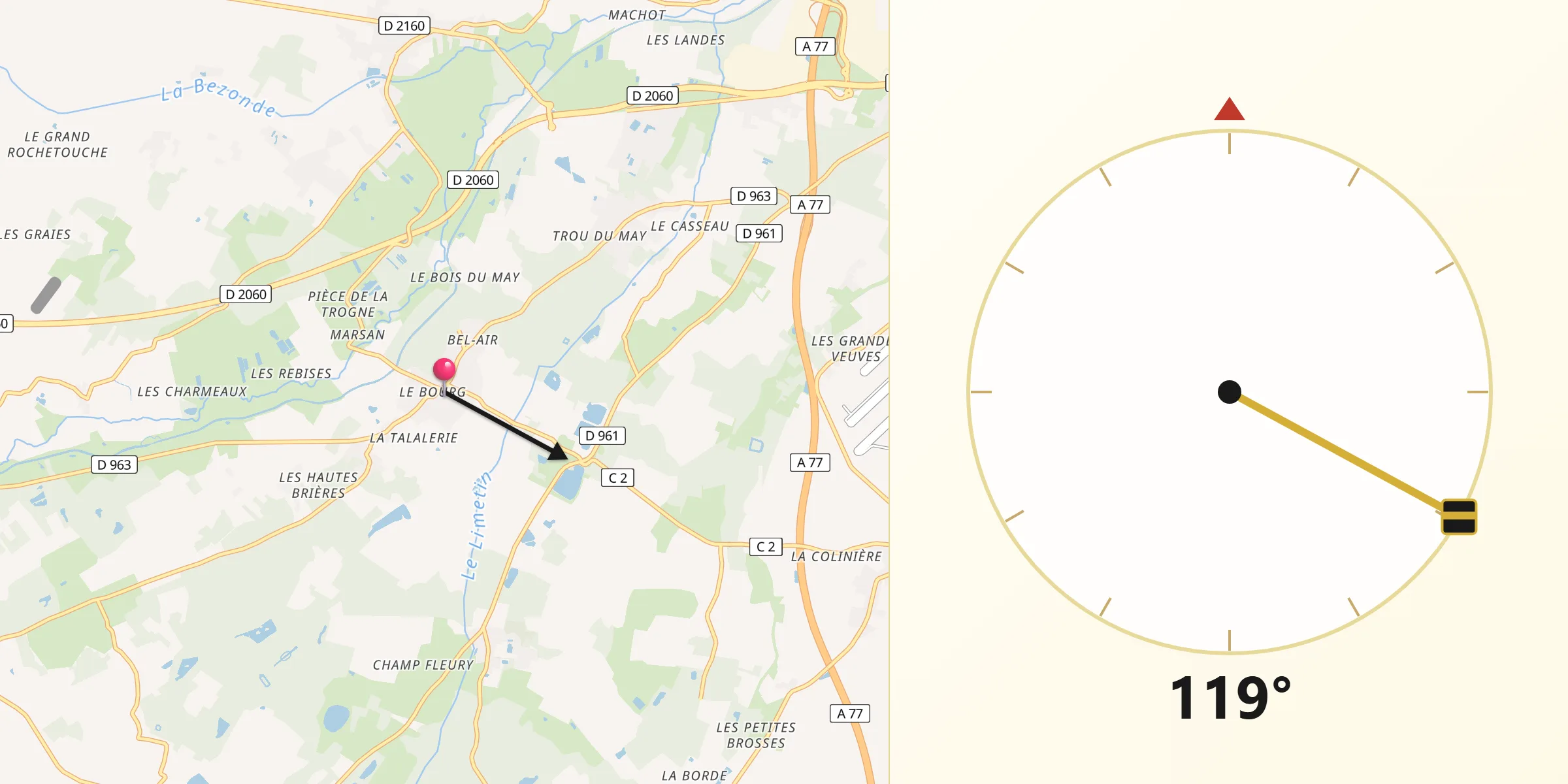 Direction vers la Qibla depuis Chevillon-sur-Huillard
