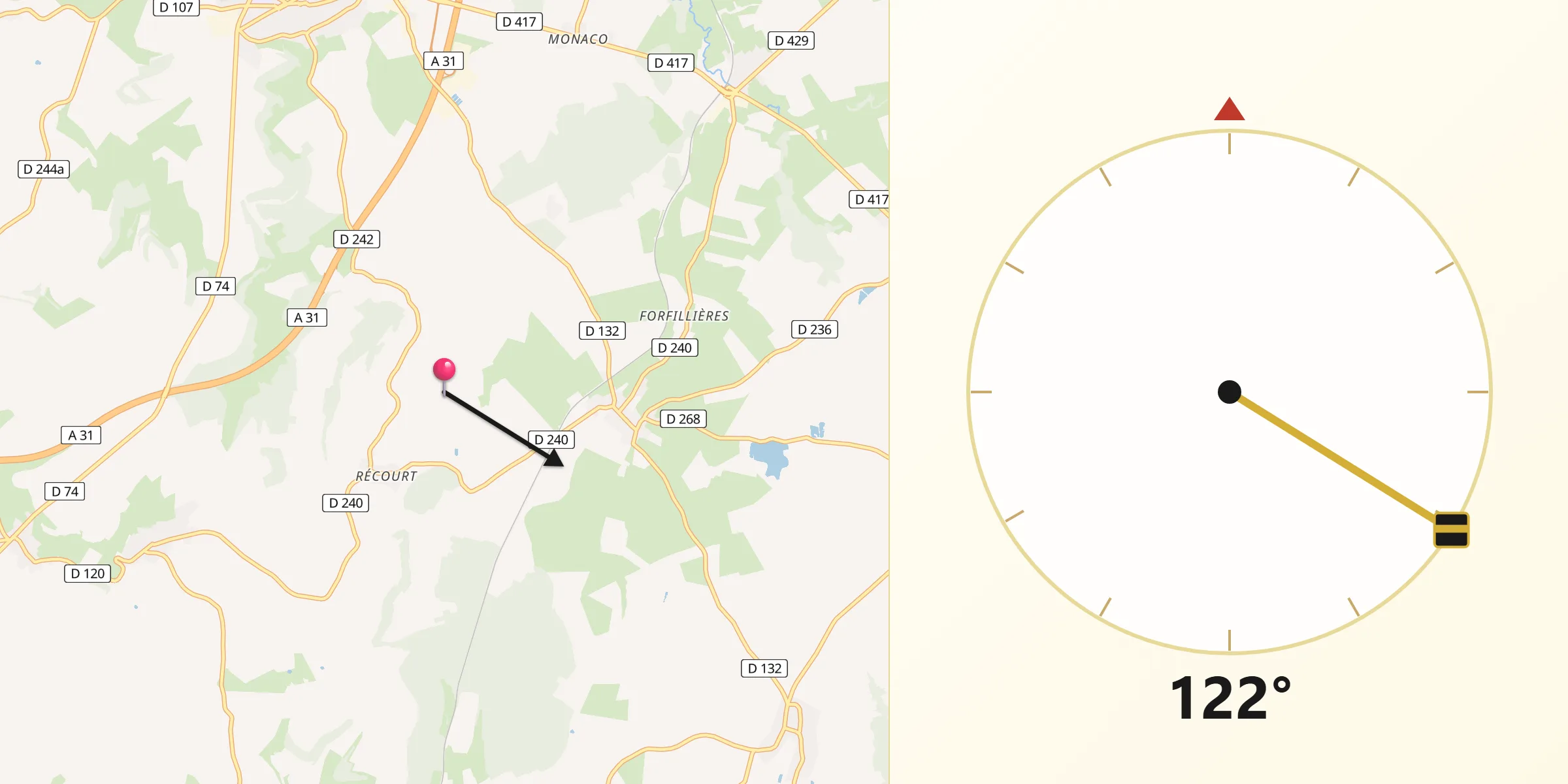 Direction vers la Qibla depuis Avrecourt