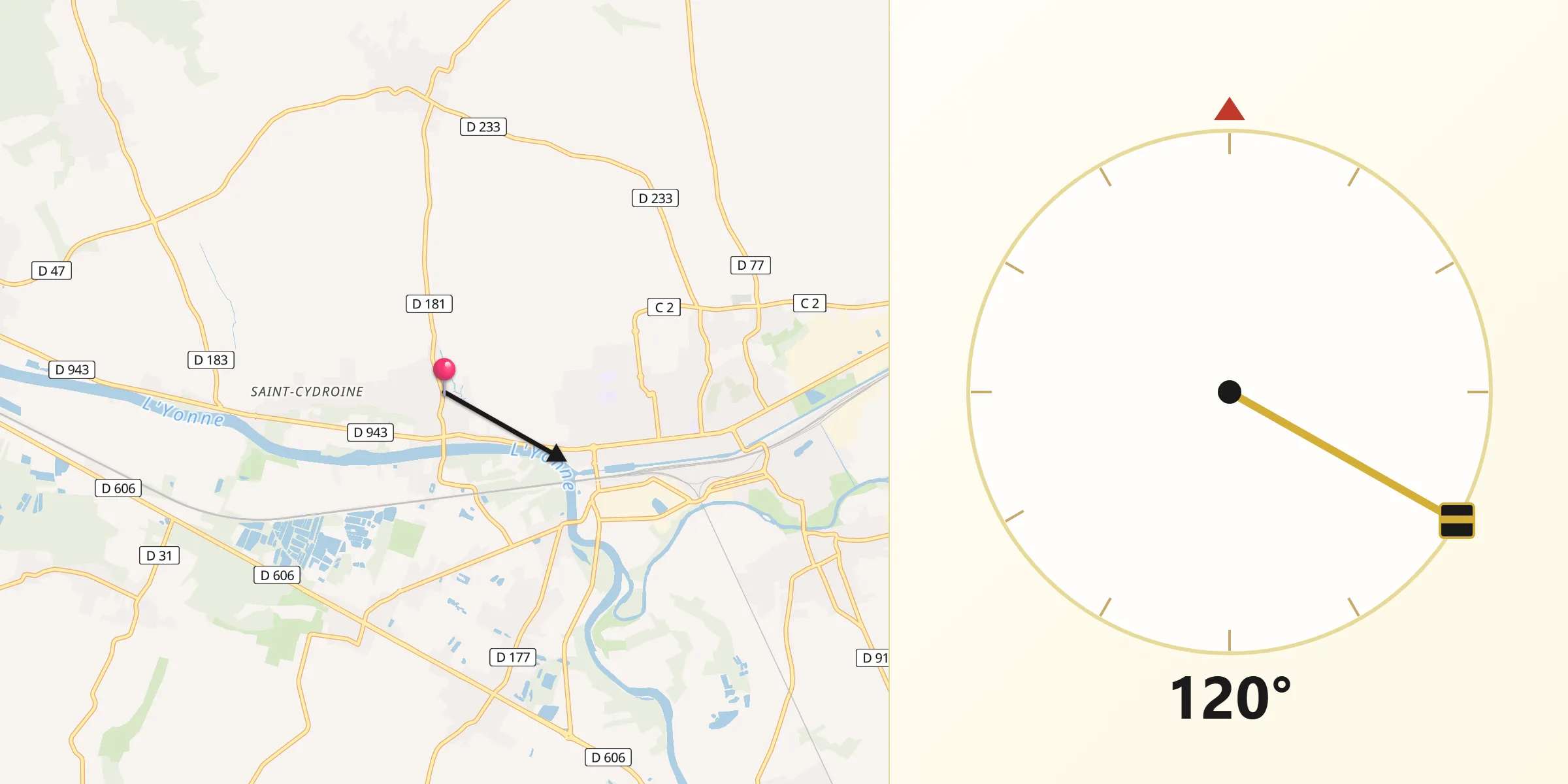 Direction vers la Qibla depuis Laroche-Saint-Cydroine