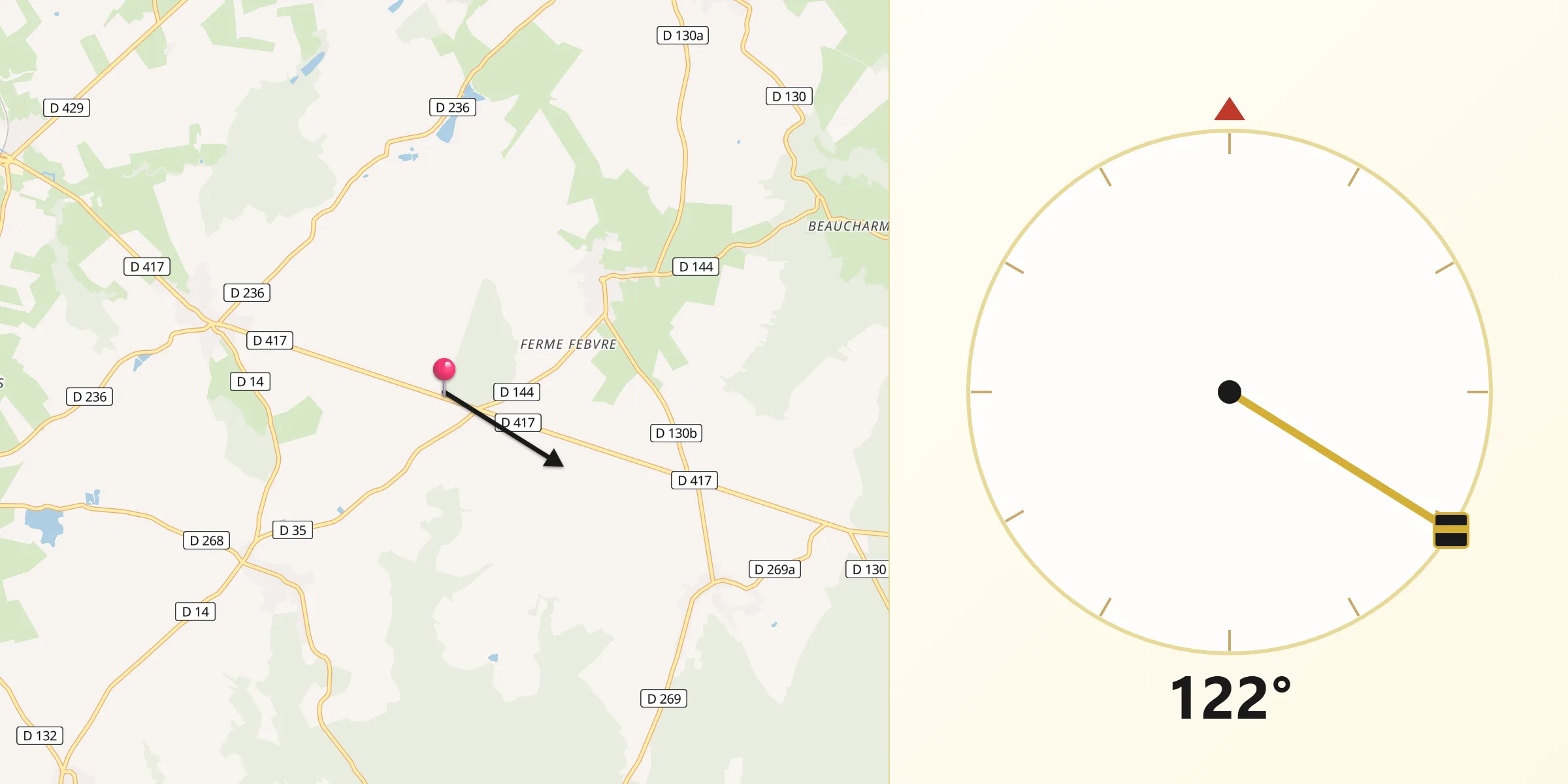 Direction vers la Qibla depuis Le Châtelet-sur-Meuse