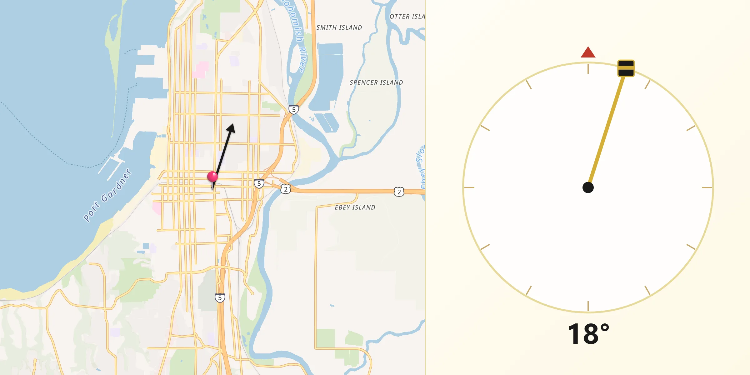 Dirección de la Qibla desde Everett