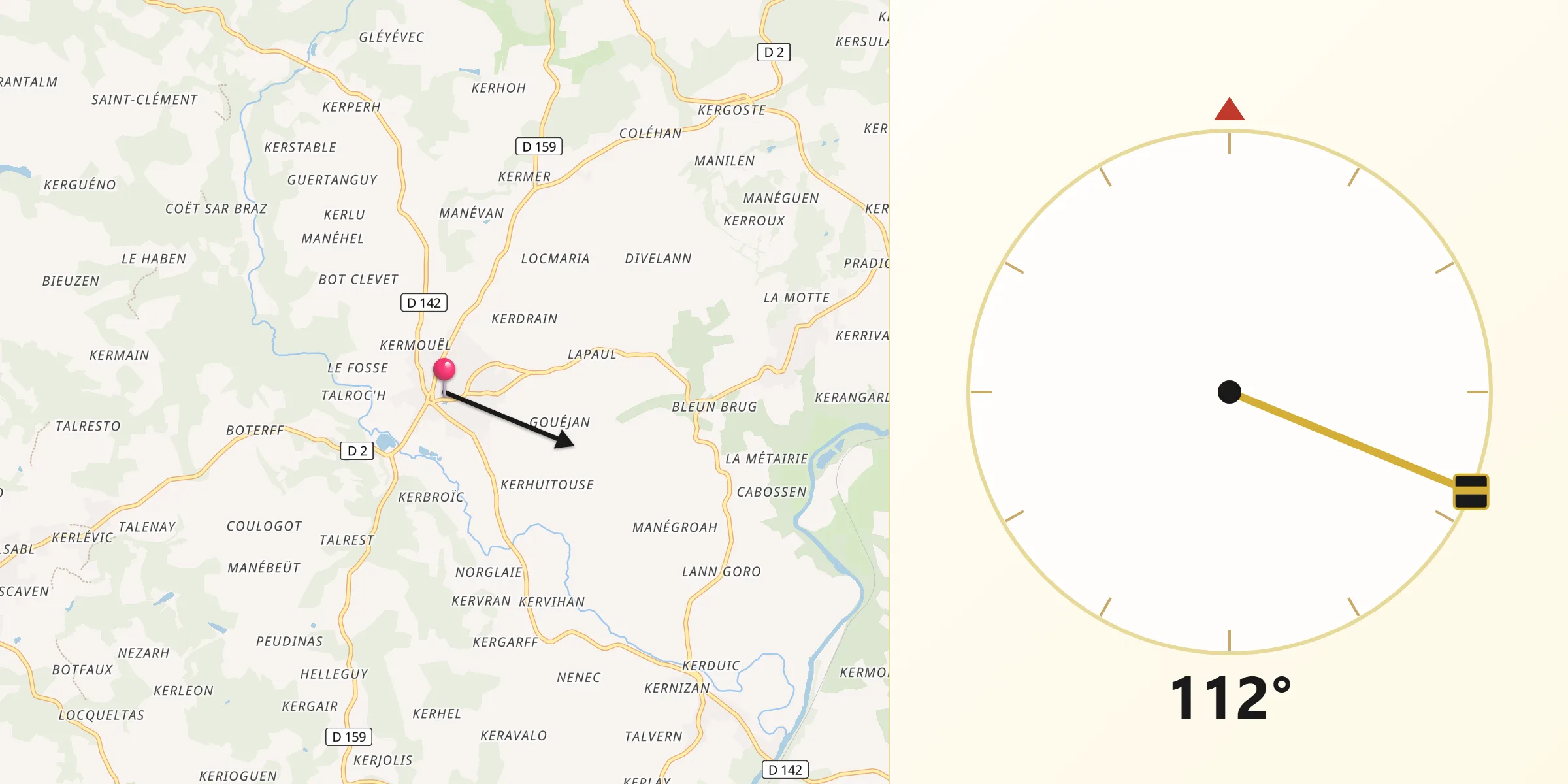 Direction vers la Qibla depuis Melrand