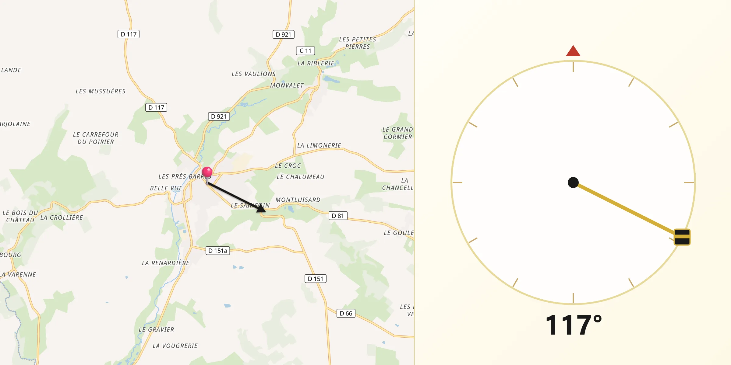 Direction vers la Qibla depuis Mondoubleau