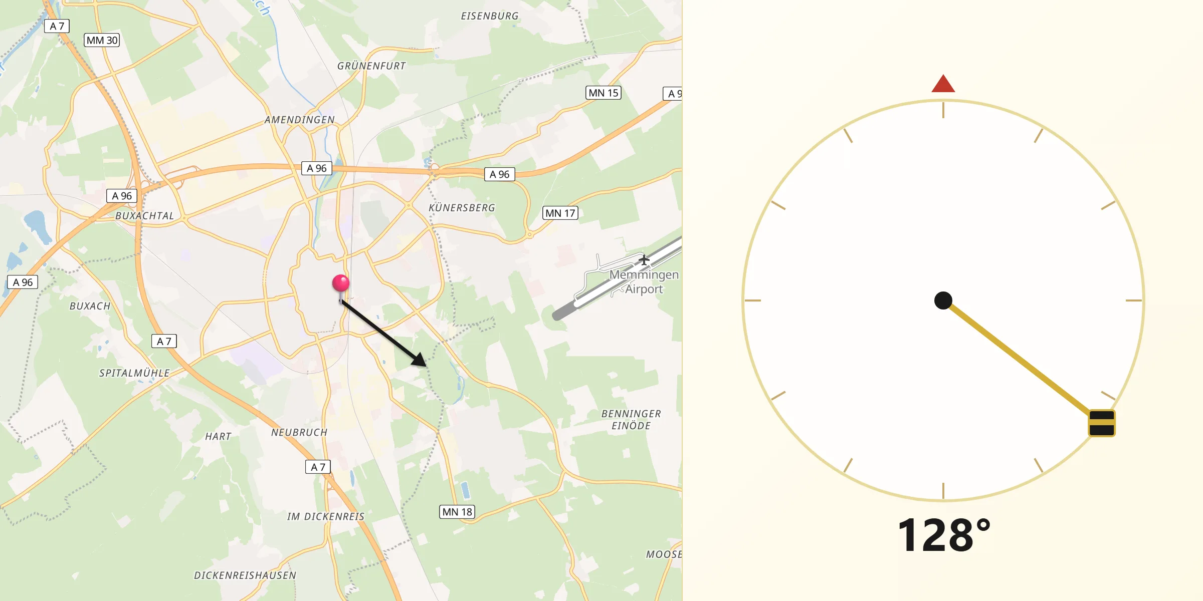 Qibla-Richtung von Memmingen