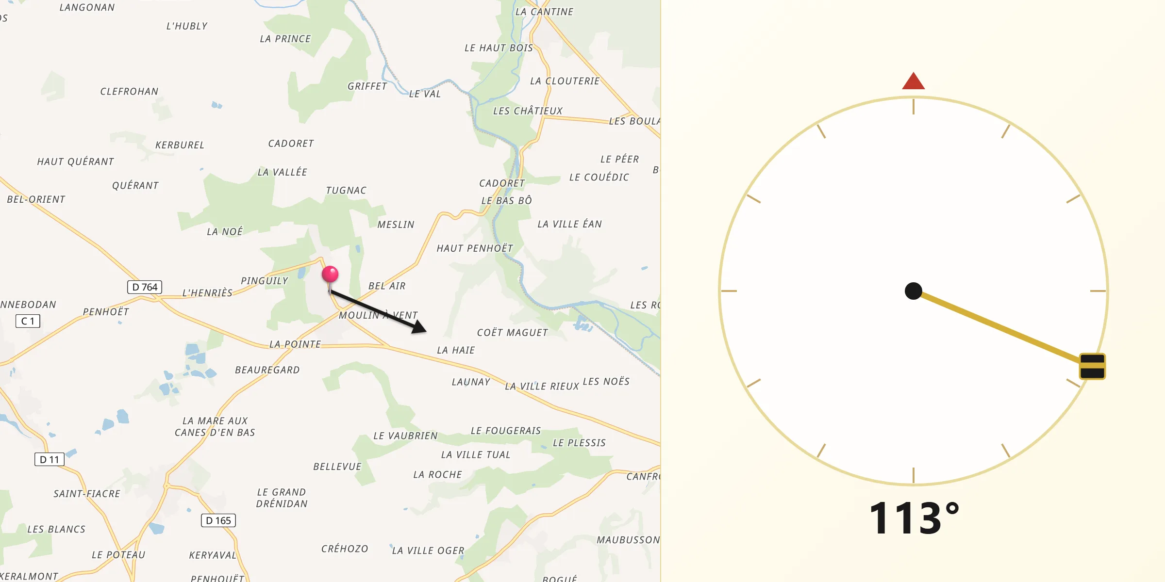 Direction vers la Qibla depuis Pleugriffet