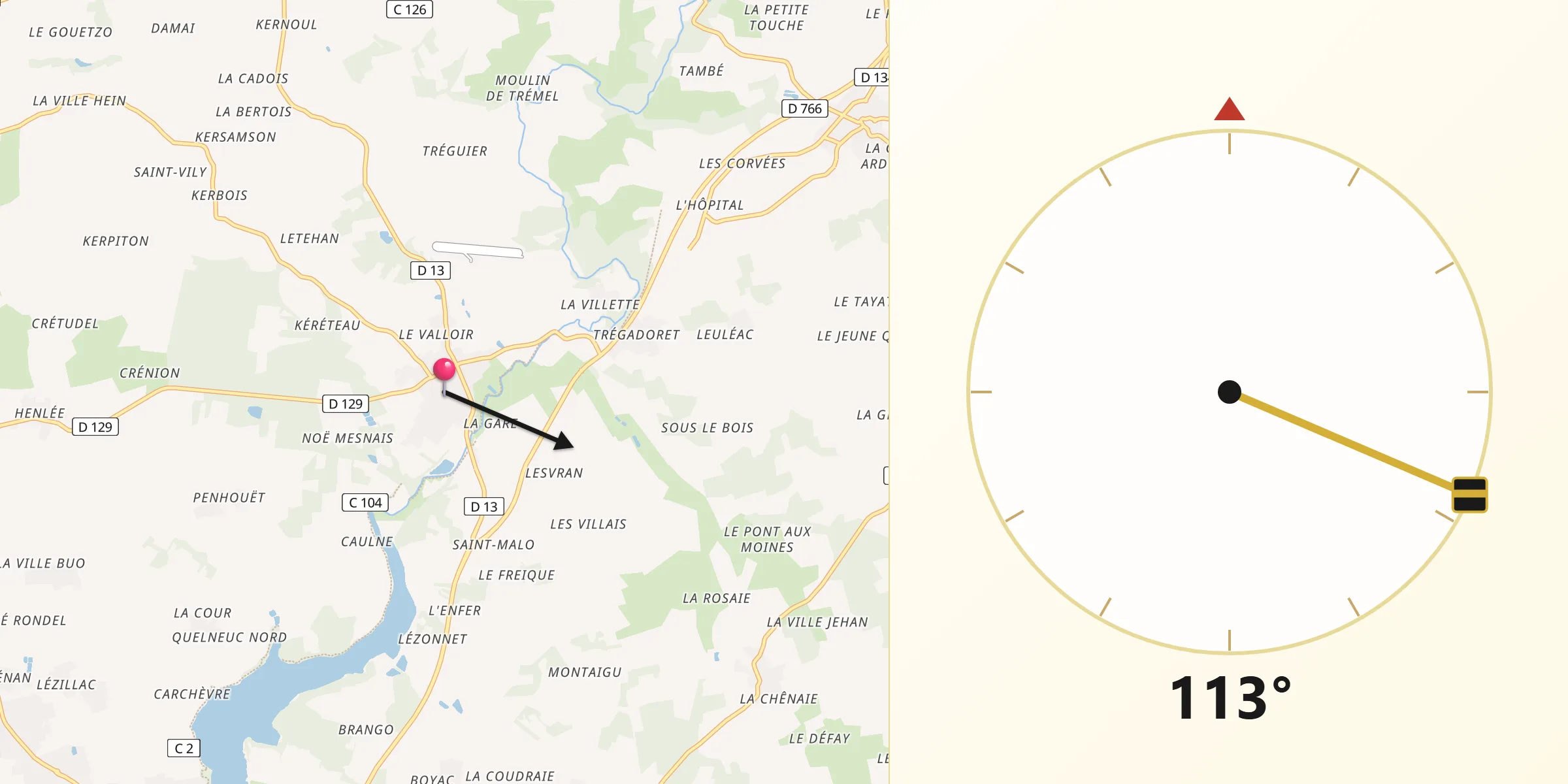 Direction vers la Qibla depuis Loyat