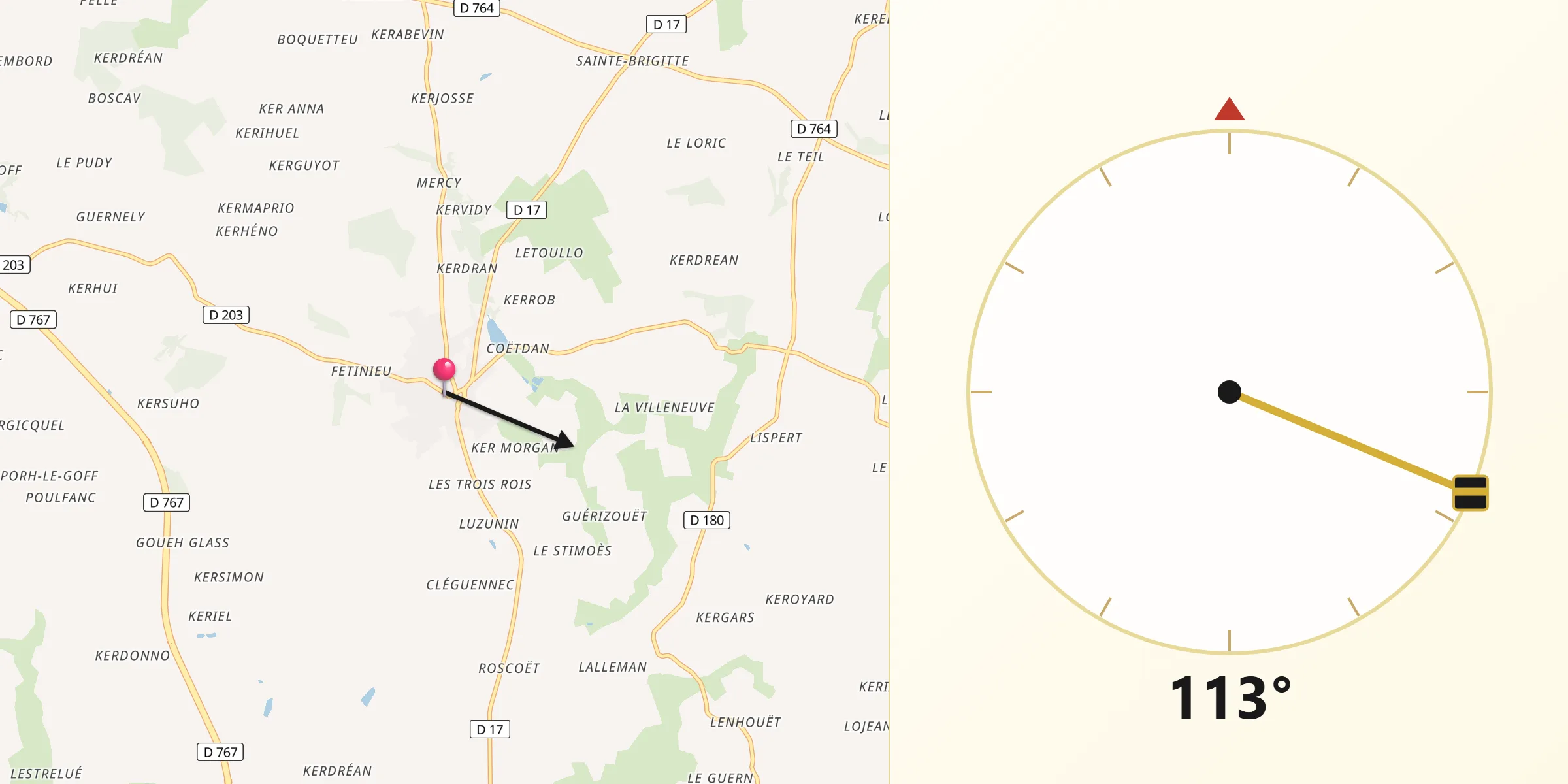 Direction vers la Qibla depuis Naizin